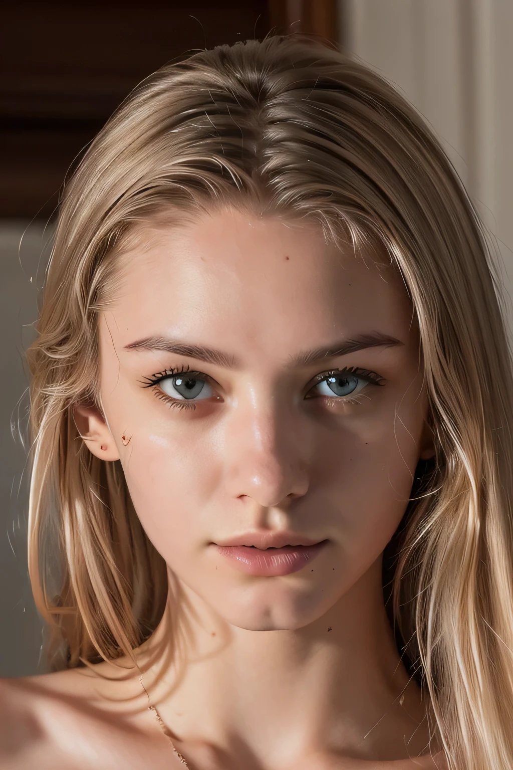 ((best quality)), ((masterpiece)), (detailed photography, photorealistic:1.4, ultra high resolution, UHD, realistic skin), (Photograph of a beautiful girl, ************, very thin, athletic, small breasts, makeup, her name is Ella Donovich), light blonde hair, close up portrait