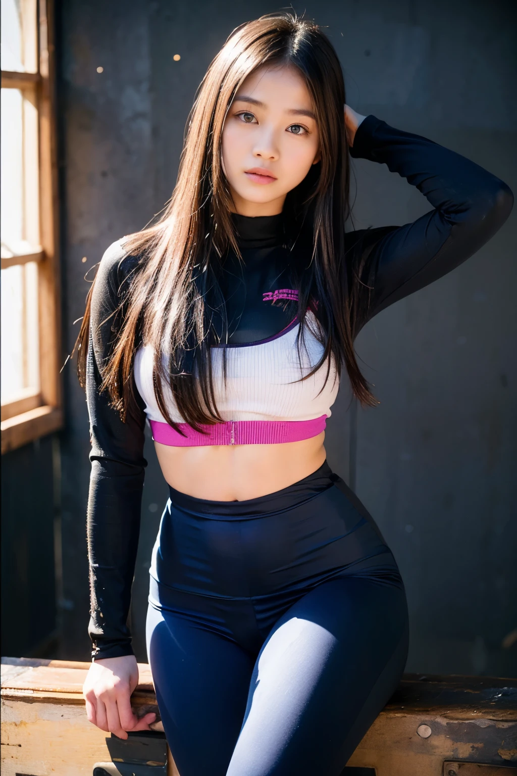 Perfect face and big breasts、25 year old girl with slim and slender physique。Skin detailed and very detailed eyes(1.1 emphasis)、black hair,long hair,high detailed skin texture(1.1 emphasis)Has a、Model Photo Style、Photorealsitic、Skin texture the texture of real human skin、Detailed skin pores、intricate detailes、Eyes very detailed、rossdraws pastel vivid、artgerm colorful!!!、!Dream Art Germ、extremely detailed art germ、From the knee up、A little smile、sexypose、Sexy mouth,((Being in the gym、Black walls、Power Rack、Muscle Training Equipment))、Long Sleeve High Neck Shiny Tight Colorful Yoga Wear、Glossy long trouser leggings、yoga pose、Fours、houseplant、boob focused