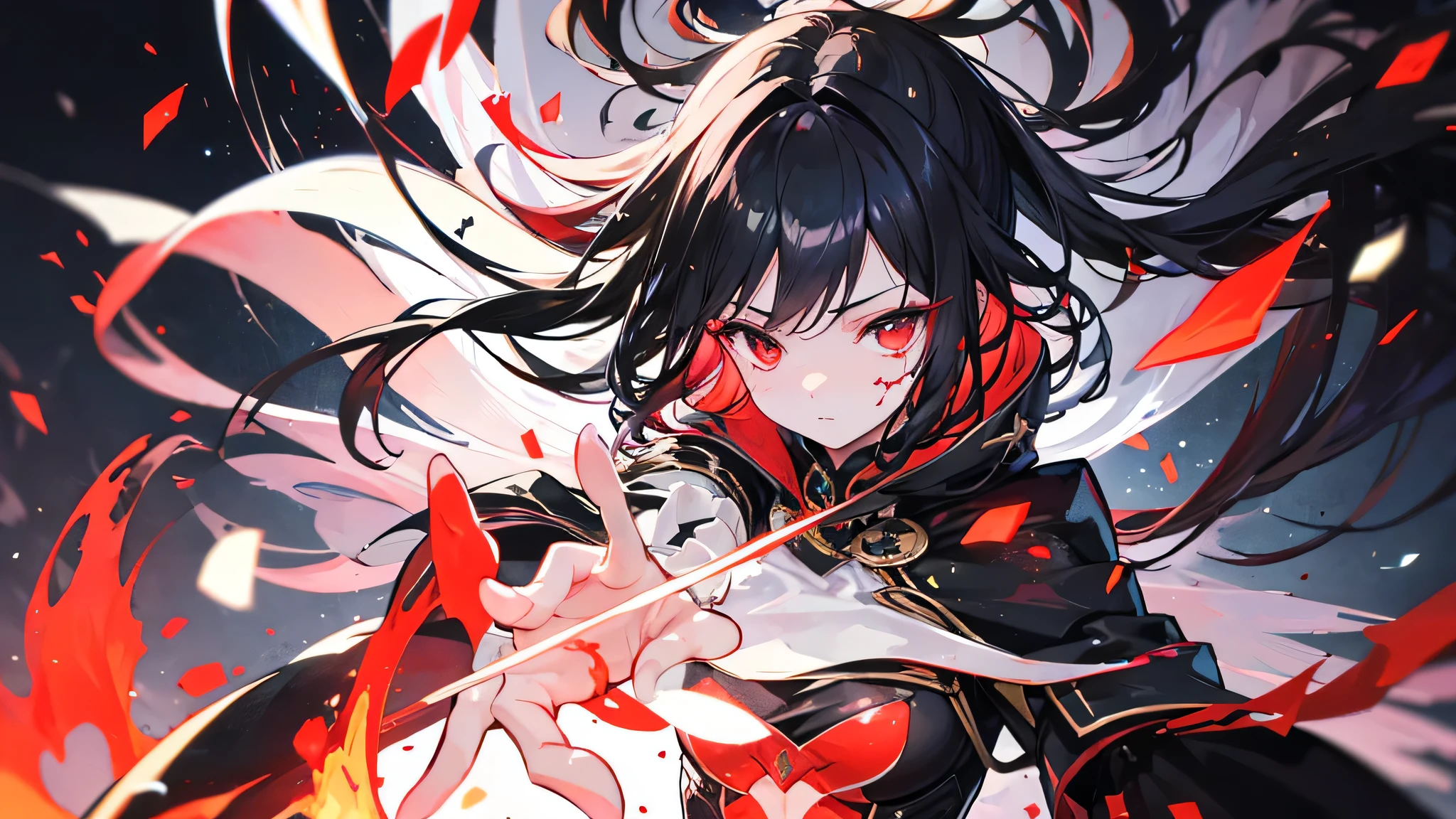 1girl, black hair, red eyes, fire witch, blood, light particles, light rays, wallpaper, high contrast, colorful,