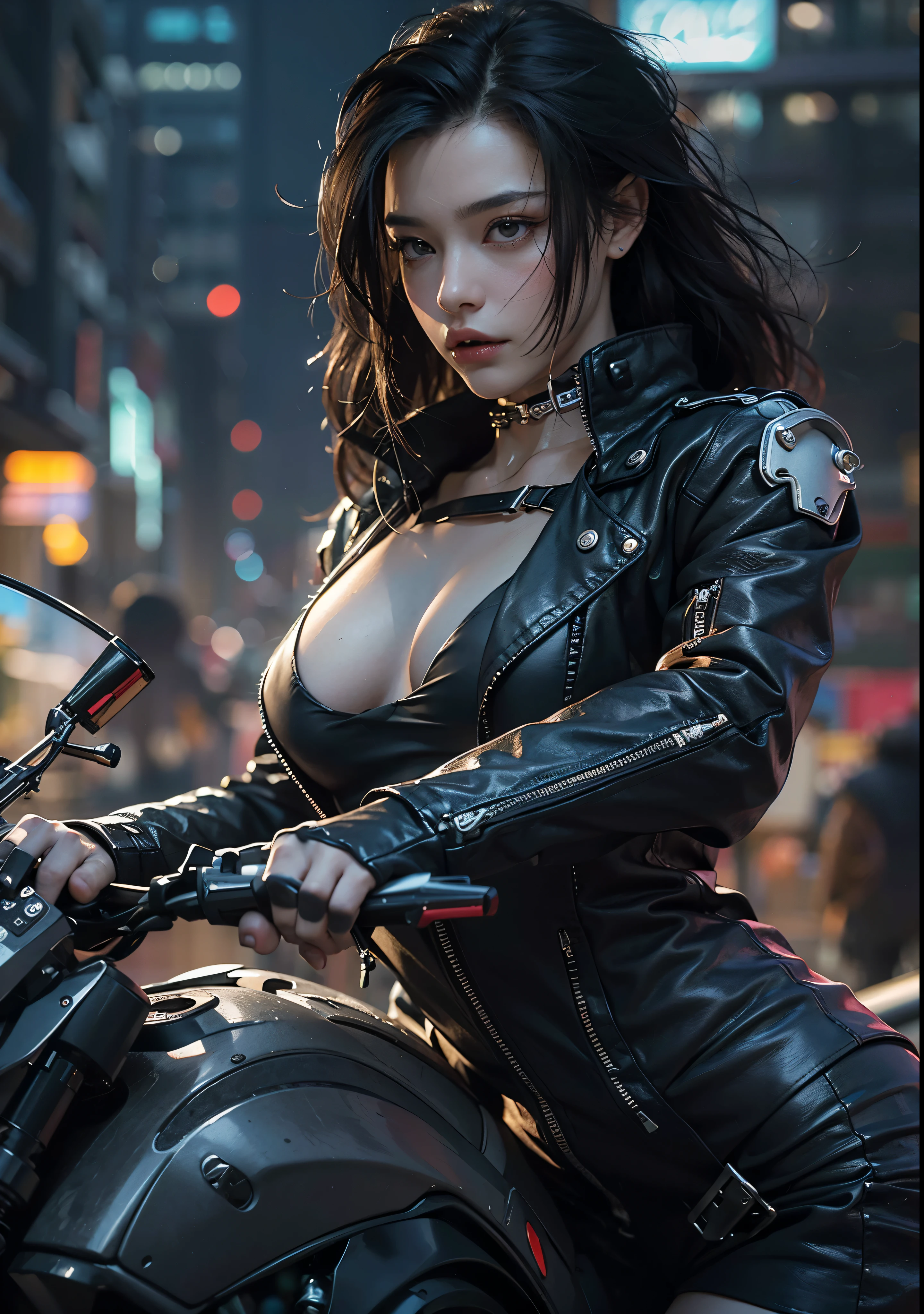 Huntress riding a high-tech motorcycle, Shoot high-tech cannons, Sparks from guns, (1 female, brown eyes, white skin, Twin-tailed black hair, choker, small breasts, skinny, lip whole, compensate, eyeliner, Russia), Wearing black one-piece leather armor, Long leather gloves, long Leather boots, In a cyberpunk town at night, (cyberpunk theme), (masterpiece, highest quality, 8K, sharp focus, written boundary depth, best shadows, perfect light, HDR, realistic skin texture, Ultra-detailed and detailed background), wide shot