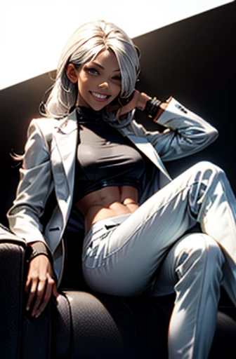 taller slim woman, (hair over one eye:1.3), (tareme:1.2), (laughing:1.2), (teeth fangs:1.2), slender, well toned abs, (mekakure:1.3), (white suit:1.2), black shirt, white jacket, (white hair:1.2), voluminous messy hair, asymmetrical hair style, cyberpunk lighting, cinematic angle, Rule of thirds, Dramatic makeup, eye make up, mascara, eye liner, eye shadow, (evil grin:1.1), (Dark skin), (brown skin), (tanned skin), (bronze skin), dynamic pose, cross-legged