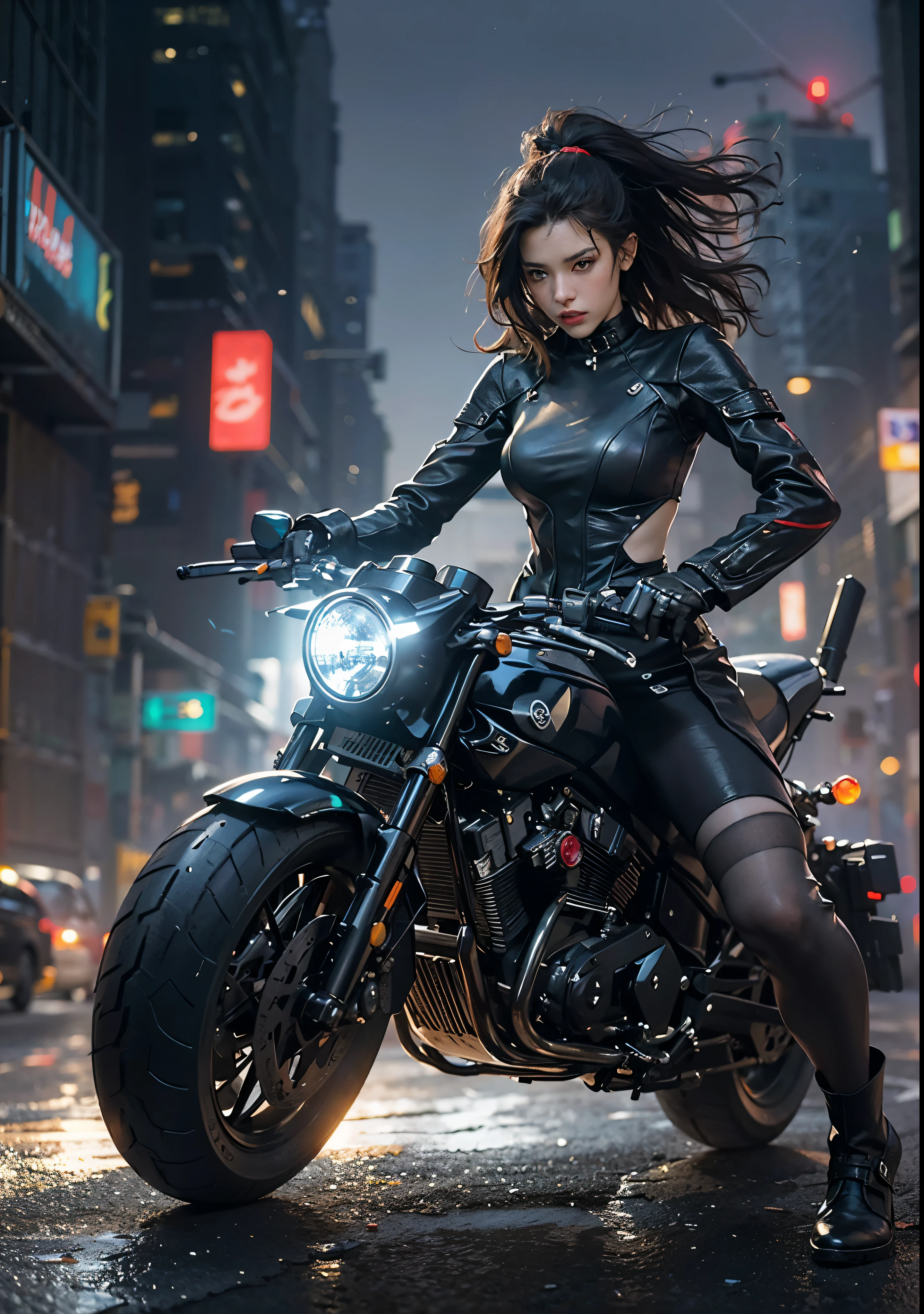 Huntress riding a high-tech motorcycle, Shoot high-tech cannons, Sparks from guns, (1 female, brown eyes, white skin, Twin-tailed black hair, choker, small breasts, skinny, lip whole, compensate, eyeliner, Russia), Wearing black one-piece leather armor, Long leather gloves, long Leather boots, In a cyberpunk town at night, (cyberpunk theme), (masterpiece, highest quality, 8K, sharp focus, written boundary depth, best shadows, perfect light, HDR, realistic skin texture, Ultra-detailed and detailed background), wide shot