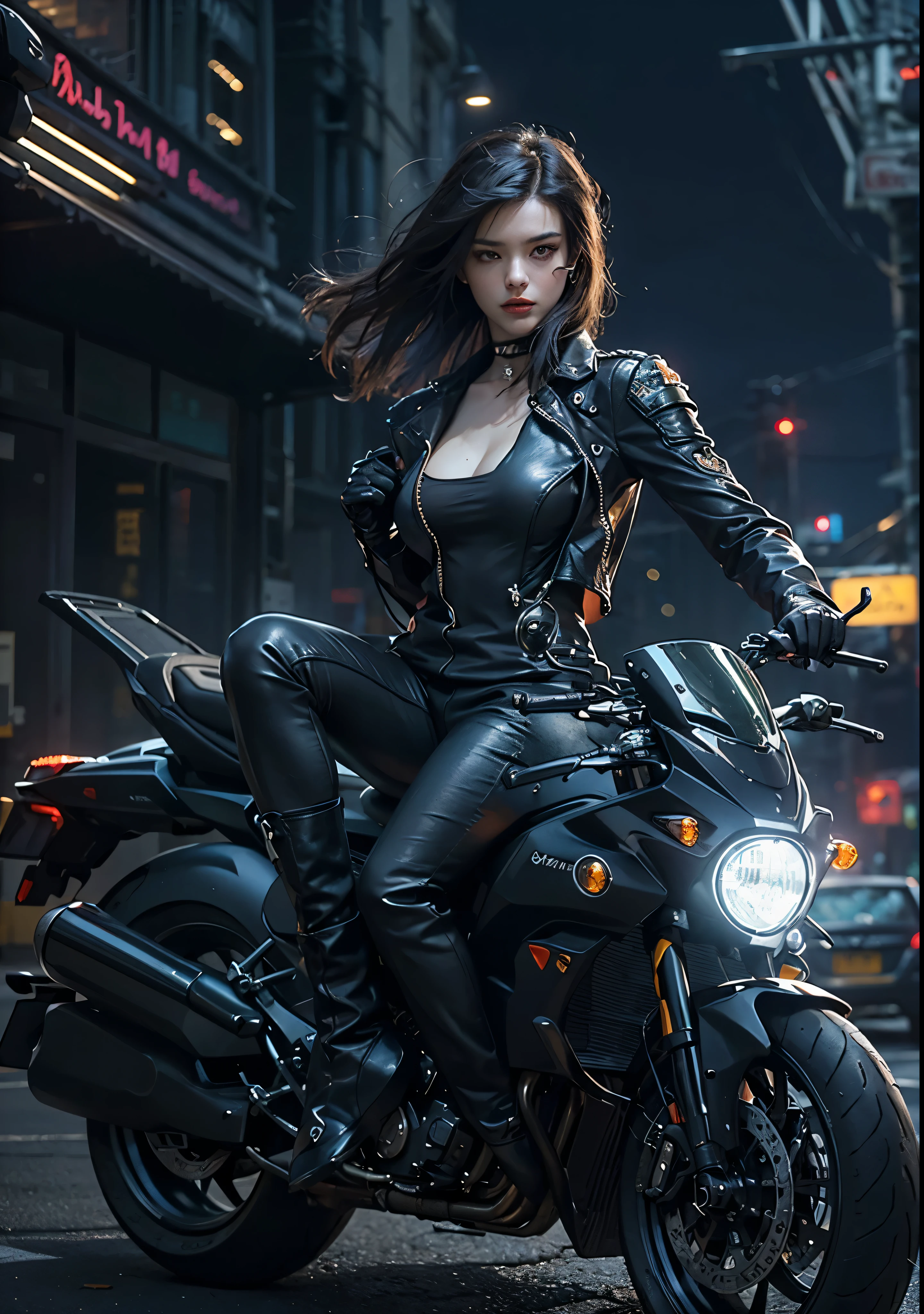 Huntress riding a high-tech motorcycle, Shoot high-tech cannons, Sparks from guns, (1 female, brown eyes, white skin, Twin-tailed black hair, choker, small breasts, skinny, lip whole, compensate, eyeliner, Russia), Wearing black one-piece leather armor, Long leather gloves, long Leather boots, In a cyberpunk town at night, (cyberpunk theme), (masterpiece, highest quality, 8K, sharp focus, written boundary depth, best shadows, perfect light, HDR, realistic skin texture, Ultra-detailed and detailed background), wide shot