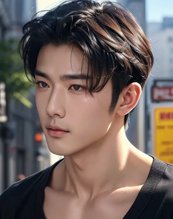 ((High quality)), ((masterpiece)), ((highly detailed)), perfect face, realistic, ((man)), ((Asian)), black hair, comma hair style, ((shirtless)), street, ((handsome)), detailed eyes, beautiful detailed nose, realistic body, realistic light, comfortable exprssions, cute guy, sweat guy, cool guy, mascular body, shirt