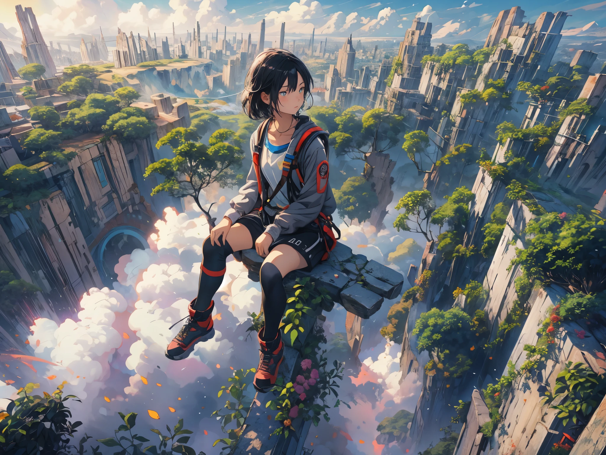 octane render,8K resolution concept art, realism,by Mappa studios,masterpiece,best quality,official art,illustration,ligne claire,(cool_color),perfect composition,absurdres, fantasy,focused,(in the air),(above the cloud:1.4),(finely detailed ancient lost_city:1.3),(lost_city towering above the clouds:1.2),epic,(focus_girl:1.2),(girl in city peak of Broken bridge), sitting on the verge of that bridge looking at the far horizons,rule of thirds,anime_face,fine-tuning face, detailed eyes,cute face,black hair, finely detailed fantasy traveler clothes,calm expression ,overhead_viewer,wind blow at viewer,fantastic plant,book,(Giant World Tree),motion,(depth_of_field), extension image, front view