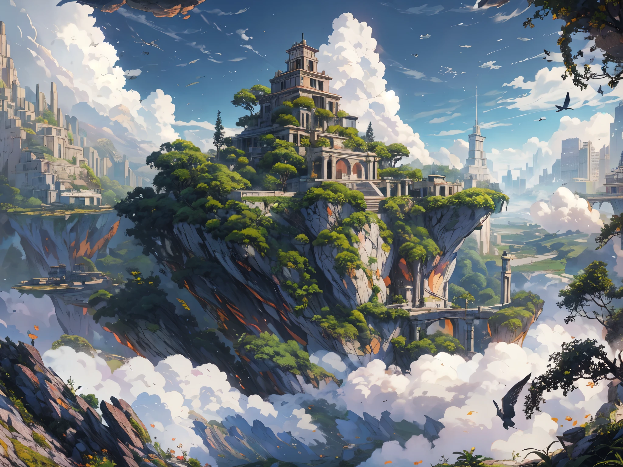 octane render,8K resolution concept art, realism,by Mappa studios,masterpiece,best quality,official art,illustration,ligne claire,(cool_color),perfect composition,absurdres, fantasy,focused,(in the air),(above the cloud:1.4),(finely detailed ancient lost_city:1.3),(lost_city towering above the clouds:1.2),epic,(focus_girl:1.2),(girl in city peak of Broken bridge), sitting on the verge of that bridge looking at the far horizons,rule of thirds,anime_face,fine-tuning face, detailed eyes,cute face,black hair, finely detailed fantasy traveler clothes,calm expression ,overhead_viewer,wind blow at viewer,fantastic plant,book,(Giant World Tree),motion,(depth_of_field), extension image, front view