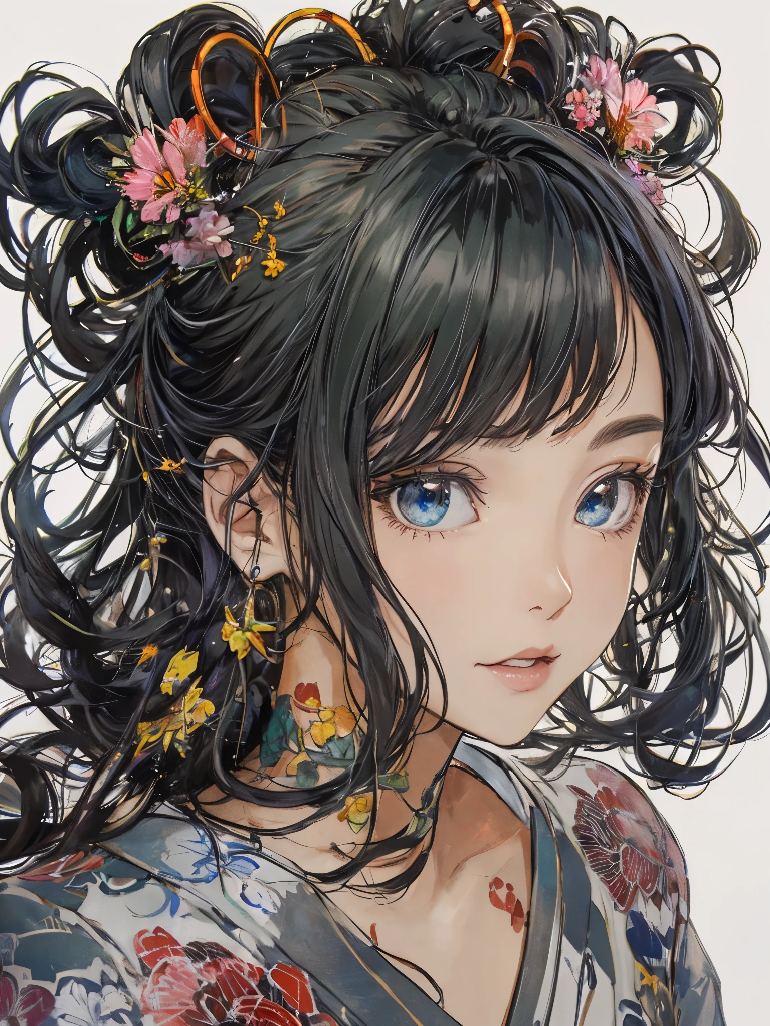 black hair, Japanese cartoons, Guibli, Japanese cartoons style, close up, from the side, First-person perspective, 8k, Super details, masterpiece,Super details, high quality, high resolution, high detail, White background, facial details, happiness, curls, blue eyes