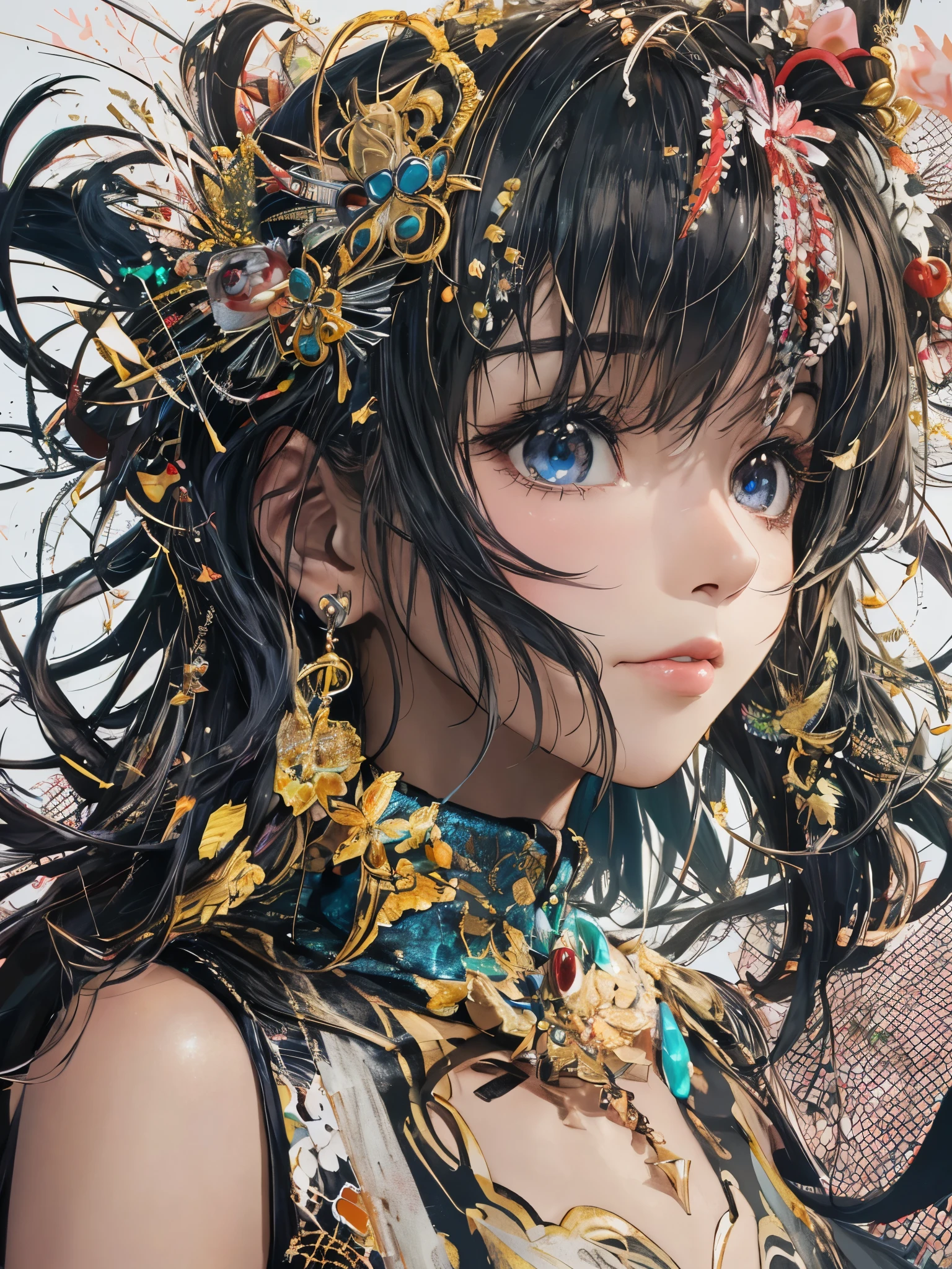 black hair, Japanese cartoons, Guibli, Japanese cartoons style, close up, from the side, First-person perspective, 8k, Super details, masterpiece,Super details, high quality, high resolution, high detail, White background, facial details, happiness, curls, blue eyes