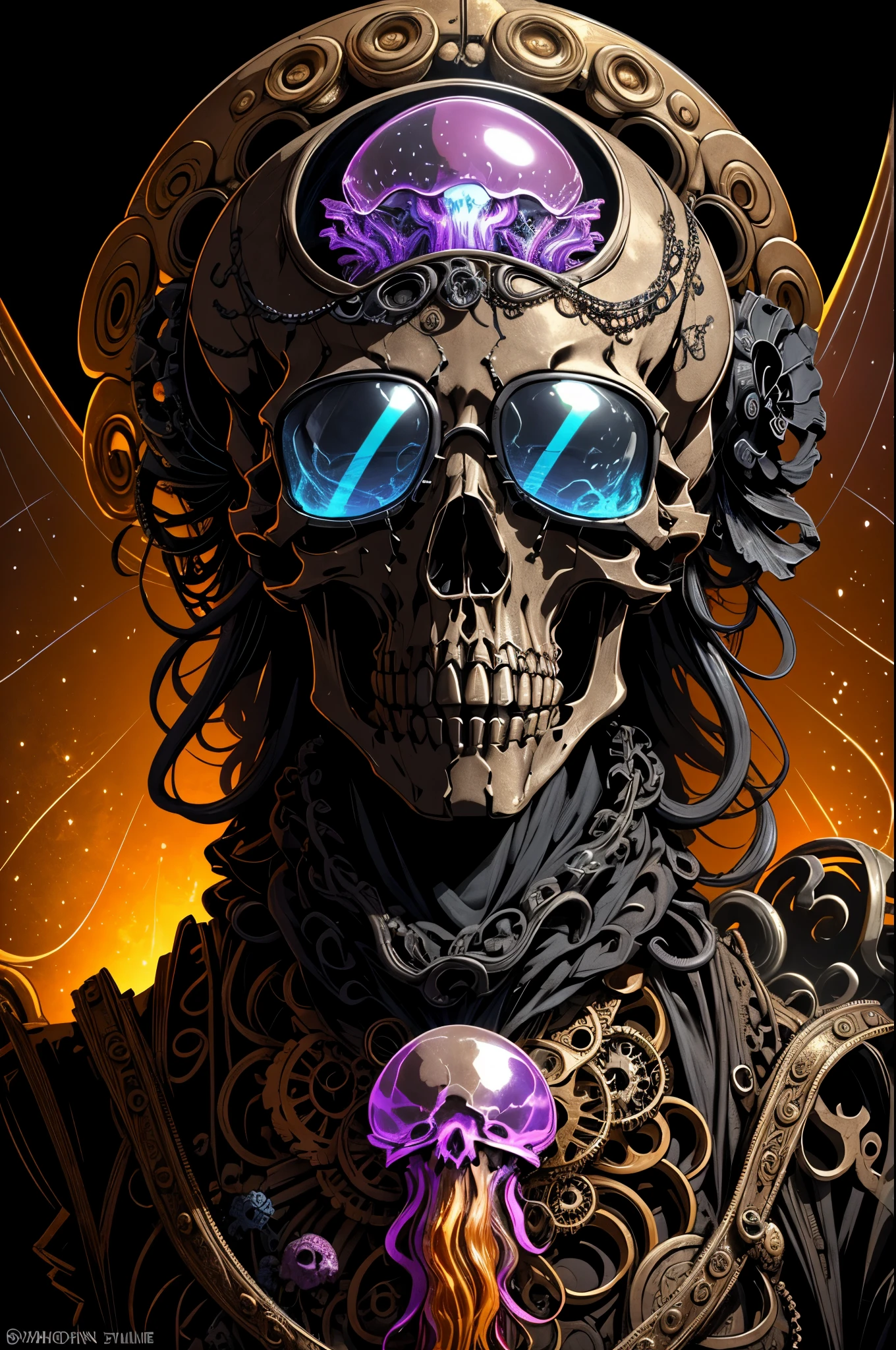 (Masterpiece, best quality :1.3), ultra-detailed, intricate, 8k, HDR, wallpaper, movie lighting, (Universe), gun, (shooting position), glow, Death Crown, armor, reddish eyes, Mecha, large wings, head close-up ((metal skull parasitically parasitically transparent jellyfish)), abstract twisted jellyfish tentacles, altar, The group of transparent tentacles above the skull, (dark sunglasses, highly reflective lenses, rainbows around the skull), energetic circular composition only illustrates the influence of various structural forces (steampunk decorative elements, gears, and other elements). Pointer, chain decoration combination,