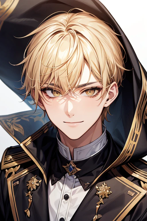 (muste piece), (best quality), extremely detailed, 1 man, solo, perfect face, pretty face, highly detailed face，yellow short hair, yellow eyebrows、Handsome man with expressive eyes, smiling, yellow eyes、Huangze Ryota、paris collection