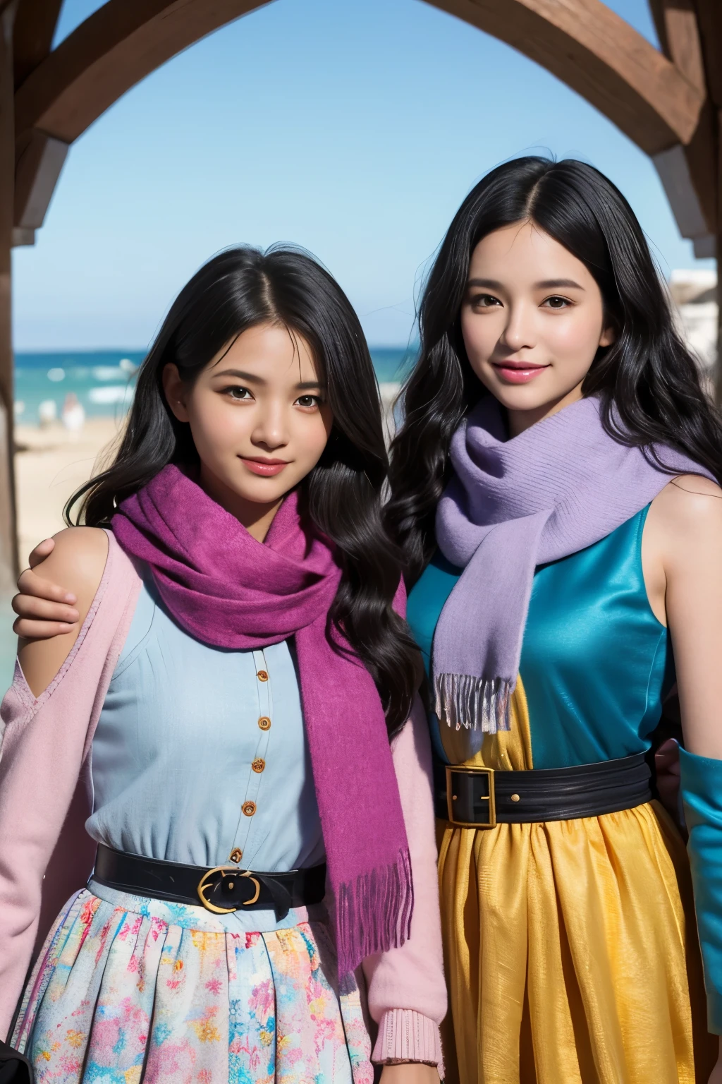two girls, curious, fearless, smiling, wavy black hair, dressed in colorful clothes and a magical scarf, next to the old fairy queen,
