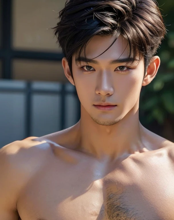 ((High quality)), ((masterpiece)), ((highly detailed)), perfect face, realistic, ((man)), ((Asian)), black hair, comma hair style, ((shirtless)), street, ((handsome)), detailed eyes, beautiful detailed nose, realistic body, realistic light, comfortable exprssions, cute guy, sweat guy, cool guy, mascular body, shirt