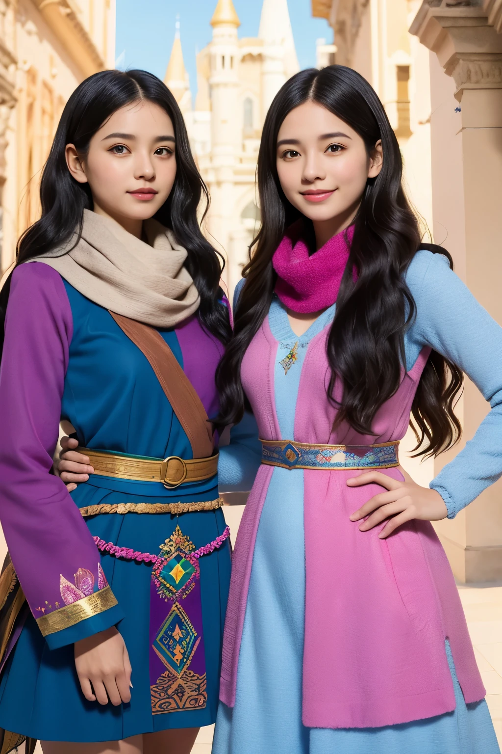 two girls, curious, fearless, smiling, wavy black hair, dressed in colorful clothes and a magical scarf, next to the old fairy queen,