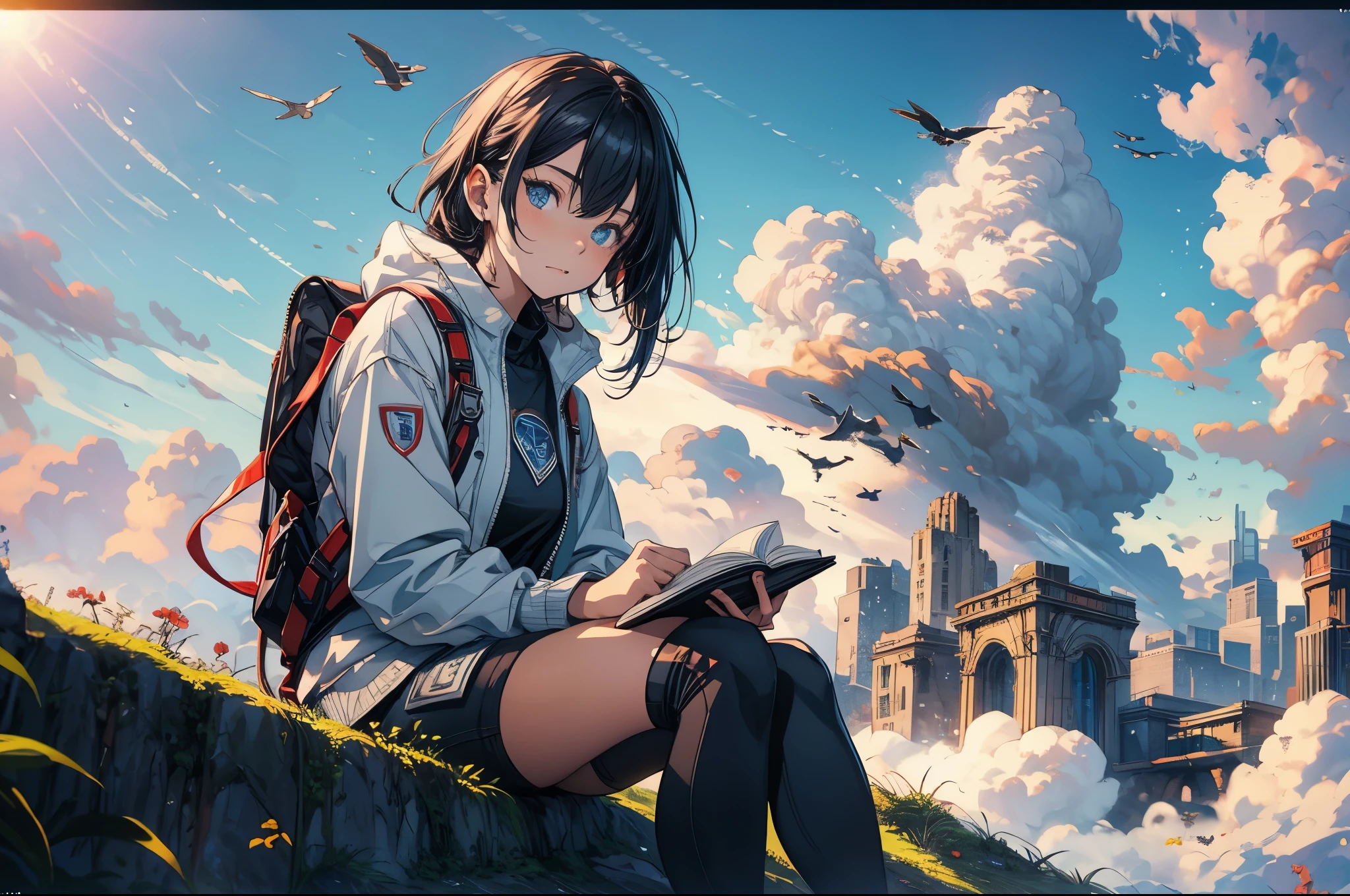 octane render,8K resolution concept art, realism,by Mappa studios,masterpiece,best quality,official art,illustration,ligne claire,(cool_color),perfect composition,absurdres, fantasy,focused,(in the air),(above the cloud:1.4),(finely detailed ancient lost_city:1.3),(lost_city towering above the clouds:1.2),epic,(focus_girl:1.4),(girl in city peak of Broken bridge), sitting on the verge of that bridge looking at the far horizons,rule of thirds,anime_face,fine-tuning face, detailed eyes,cute face,black hair, finely detailed fantasy traveler clothes,calm expression ,overhead_viewer,wind blow at viewer,fantastic plant,book,(Giant World Tree),motion,(depth_of_field), extension image, front view
