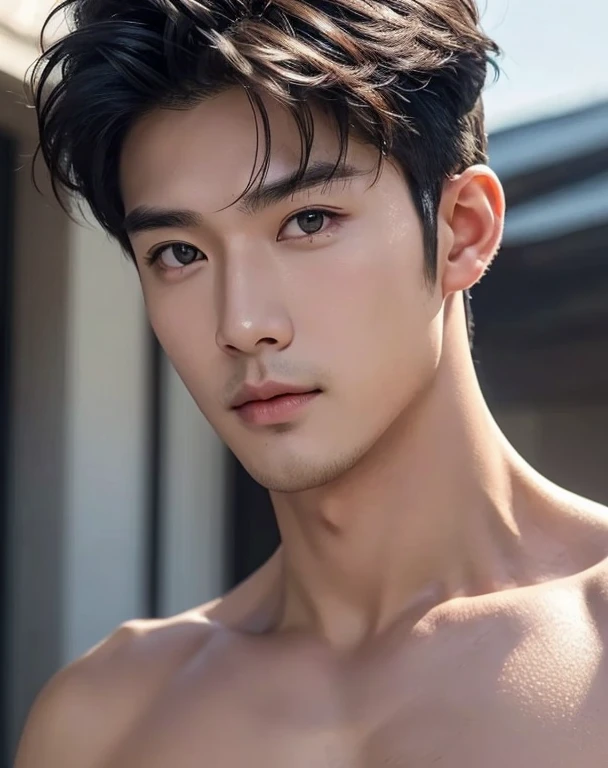 ((High quality)), ((masterpiece)), ((highly detailed)), perfect face, realistic, ((man)), ((Asian)), black hair, comma hair style, ((shirtless)), street, ((handsome)), detailed eyes, beautiful detailed nose, realistic body, realistic light, comfortable exprssions, cute guy, sweat guy, cool guy, mascular body, shirt