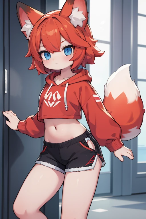 1girl, short red hair, blue eyes, crop top hoddie, fox ears, black shorts, fox tail.
