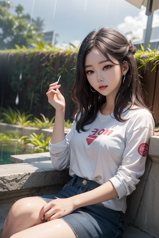 Girl k pop, payudara diminyaki, hujan, basah, berkeringat, sangat detail, tepanjang, tanpa pakaian, uhd, resolusi tinggi, tekstur resolusi tinggi, duduk di lantai