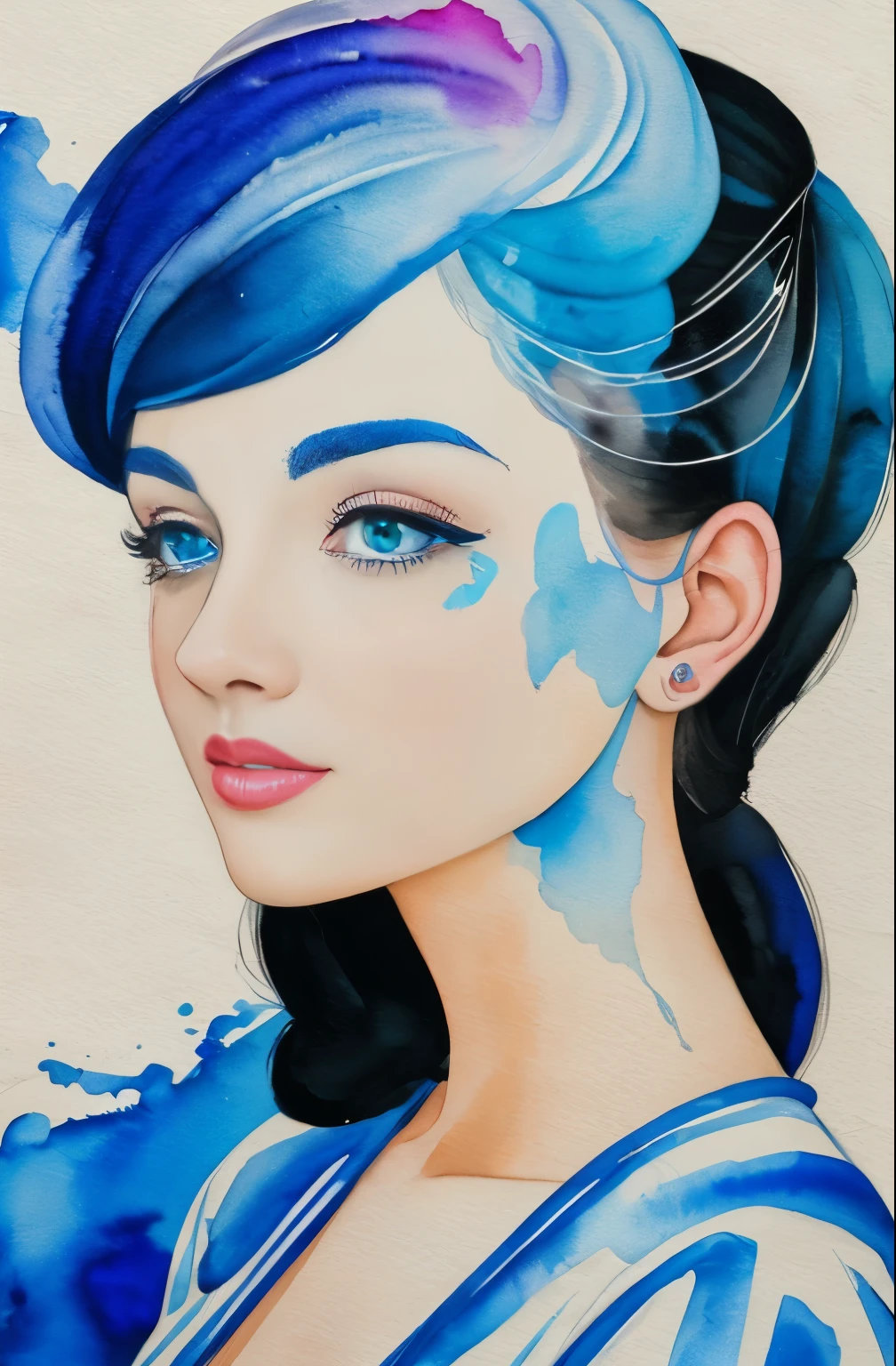 painting of a woman with a blue and white face, Sylvia Pelissero watercolors, tumbler, abstract art, Intense watercolor painting, watercolor detailed art, watercolor splash, surreal, Avant-garde pop art, Beautiful and expressive painting, Beautiful artwork illustration, very colorful tones, Fantastic, cool beauty, highest quality,official art, women only, sharp outline, best shot