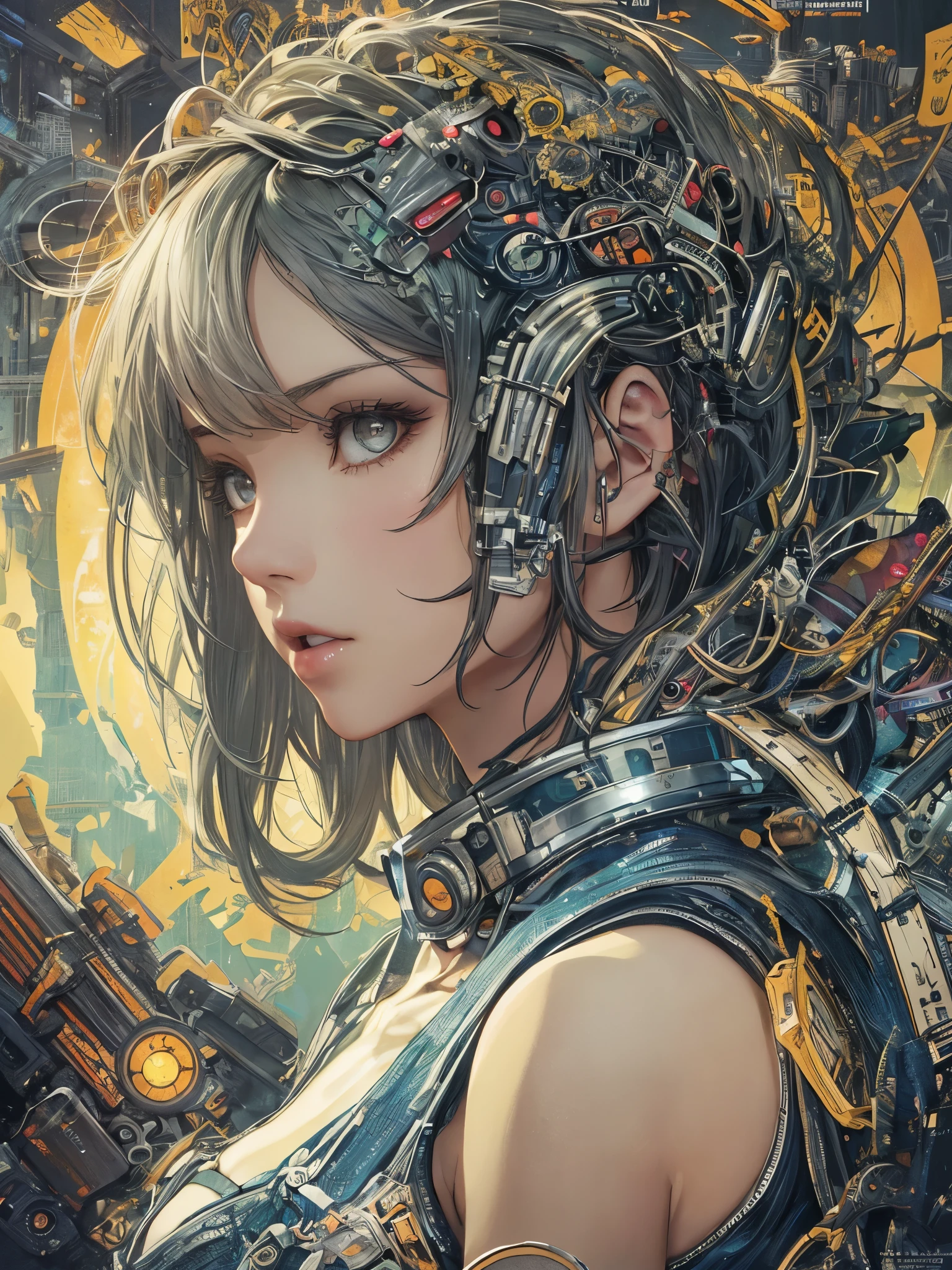 woman face, woman, a rugged young engineer,With cybernetics enhancements, complex, elegant, Very detailed, digital painting, art station, concept art, Smooth, sharp focus, illustration, art work:hr giger、Greg Rutkowski 和 Alphonse Mucha, Beautiful dramatic lighting