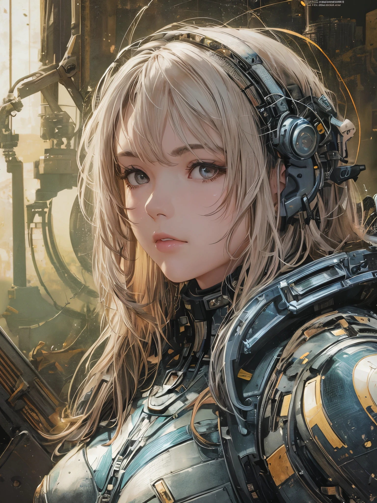 woman face, woman, a rugged young engineer，With cybernetics enhancements,  complex, elegant, Very detailed, digital painting, art station, concept art, Smooth, sharp focus, illustration, art work：hr giger、Greg Rutkowski 和 Alphonse Mucha, Beautiful dramatic lighting