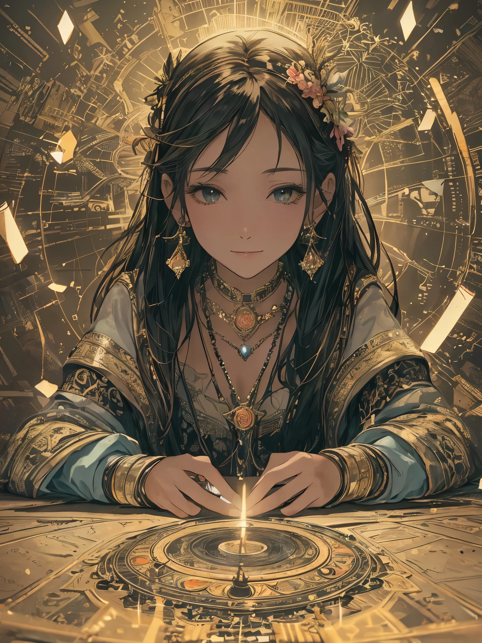 quality, masterpiece, there  nothing, 1 female, 22 years old, , Western fortune teller costume, hair accessories, necklace, jewelry, pretty face, calm smile, above_Body, Tyndall effect, lifelike, Divination room, Candles on the table, tarot cards, edge lighting, two color lights, (HD skins:1.2), 8k ultra high definition, SLR camera, soft light, high quality, Volumetric lighting, frank, photography, high resolution, 4K, 8k, Bokeh