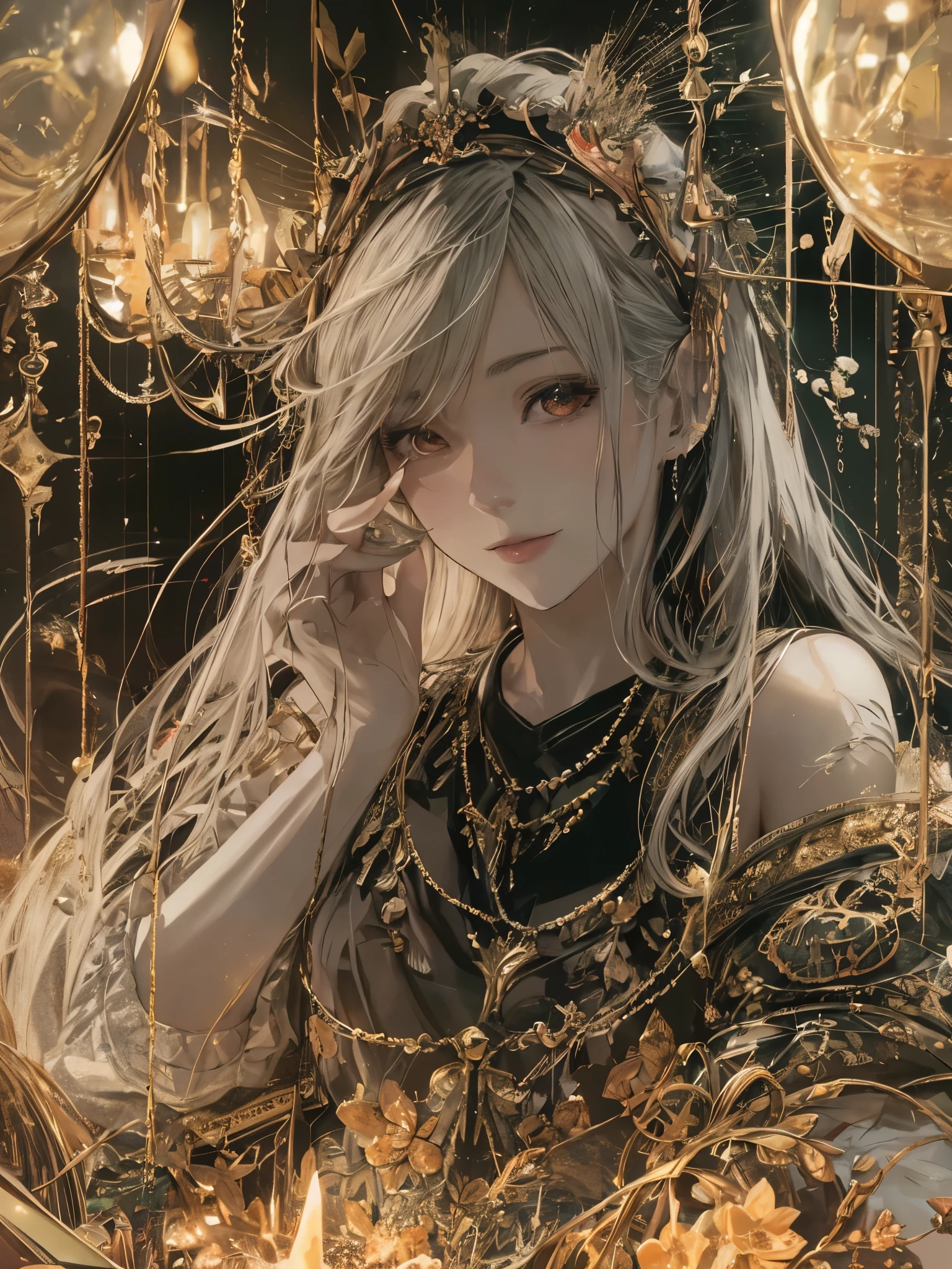 quality, masterpiece, there nothing, 1 female, 22 years old, , Western fortune teller costume, hair accessories, necklace, jewelry, pretty face, calm smile, above_Body, Tyndall effect, lifelike, Divination room, Candles on the table, tarot cards, edge lighting, two color lights, (HD skins:1.2), 8k ultra high definition, SLR camera, soft light, high quality, Volumetric lighting, frank, photography, high resolution, 4K, 8k, Bokeh