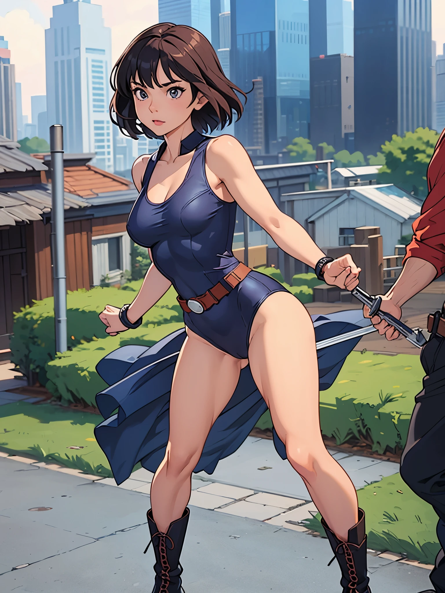 1girl, mature adult, solo, singe, solo focus, superhero, leotard, bare legs, boots, bracelets, single tight belt, city backdrop, standing, heroic, masterpiece, best quality, cowboy shot, full body shot, medium breasts, perfect anatomy, beautiful detailed eyes