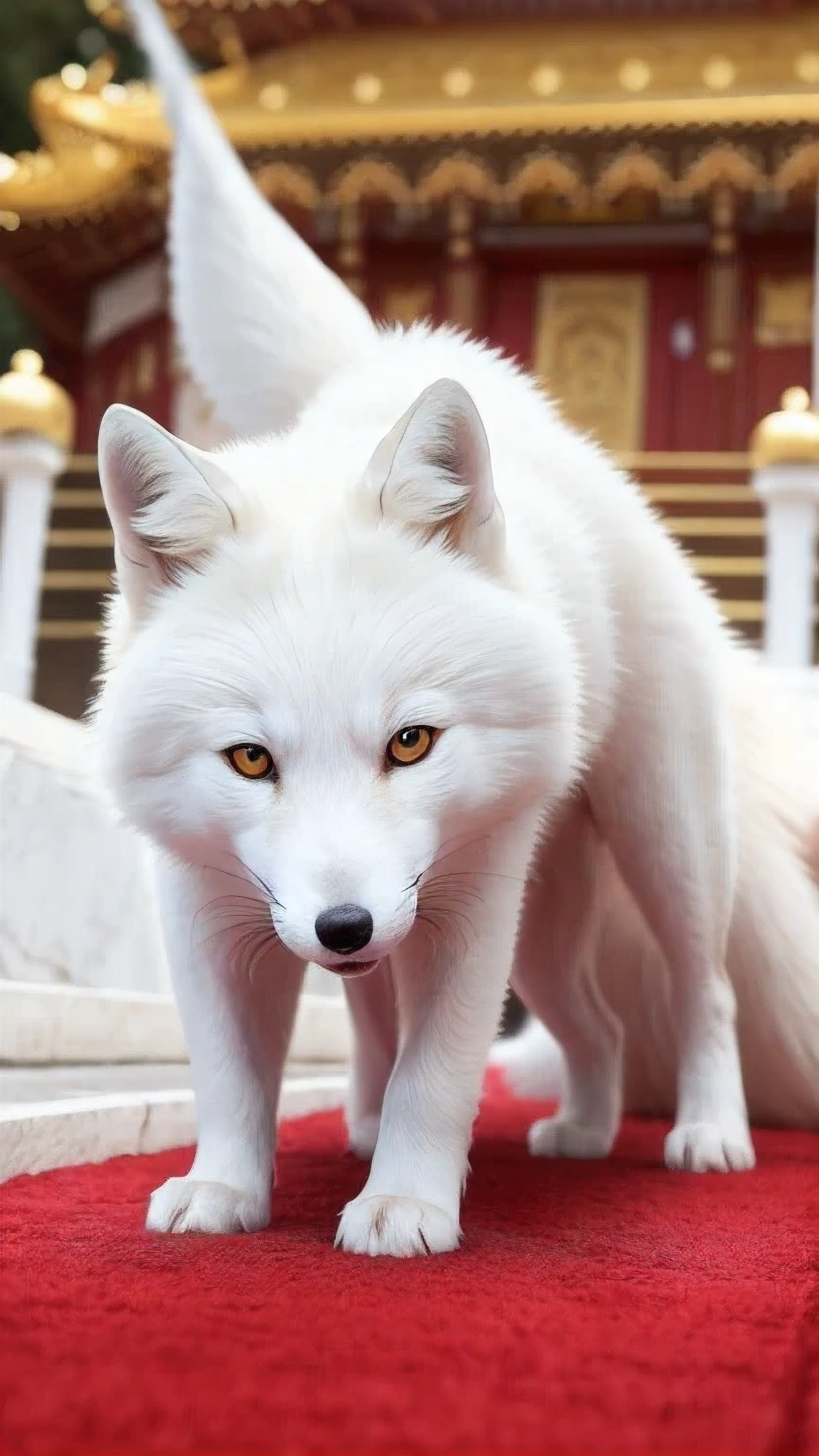 masterpiece, highest quality, Front view, crawl on all fours, 8K, 4K, head shot, golden color background, temple, pure white fox, one white fox, Mr. Inari, Red front cover, On the red carpet, Front viewing, head shot, look at me,