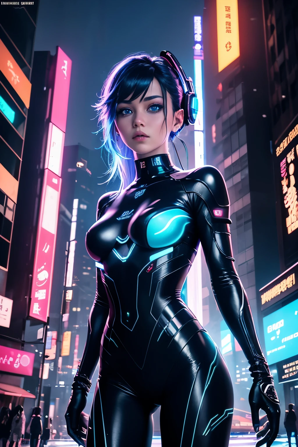 (best quality,4k,8k,highres,masterpiece:1.2),ultra-detailed,(realistic,photorealistic,photo-realistic:1.37),anime,portrait,blue-green eyes,cyber girl,neon lights,cyberpunk style,digital art,glowing eyes,futuristic,shiny hair,pixel art,vivid colors,synthetic skin,sci-fi atmosphere,matrix code background,cool pose,long eyelashes,colourful tattoos,metallic accessories,digital world,augmented reality,high-tech,transparent clothing,glowing circuits,luminous makeup,android girl,sleek design,technological enhancements,cybernetic limbs,laser beams,reality distortion,emotionless expression,advanced AI assistant,virtual reality interface,hovering drones,floating holograms,tokyo skyline,night cityscape,electric atmosphere,artificial intelligence companion,intricate patterns,cybernetic implants,reflective surfaces,neon signs,shimmering glass,electric blue highlights,glitch effects,urban cyberpunk fashion,electric guitar,headphones,city lights,nightlife,retro-futuristic,virtual cyber world,keyboard player,3D projection mapping.
Precautions:
- Generate the main body of the screen based on the theme,Describes an animatronic girl with blue-green eyes。
- Mentioned high image quality、Ultra-detailed、Realism and image quality are commendable。
- Describes the atmosphere of the electronic world and future technology,and LCD、Details like fluorescent lights and suspended holograms。
- Emphasize that the setting is done under the night sky in Tokyo,Gives people a sense of electric scene and atmosphere。
- Added some character elements,like glowing eyes、Luminous lines、Transparent clothing, etc.,You can also see some musical elements,For example, electric guitar、Headphones, etc.。
- Mentioned virtual reality、augmented reality、Artificial intelligence and other technical concepts。
- Pay attention to label order and decreasing importance。