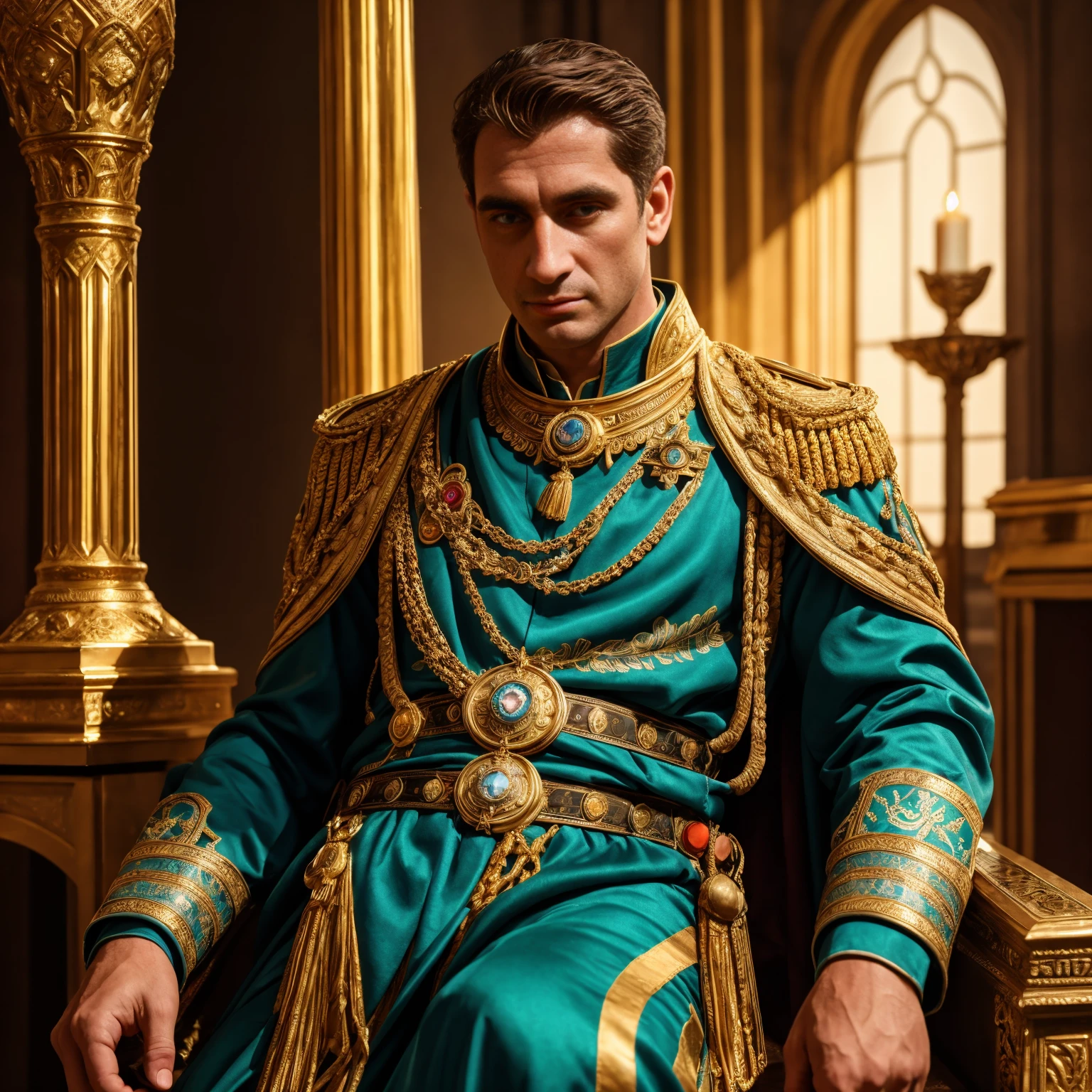 A mature man in his thirties, Emperor Constantine the Great, is resurrected in modern-day England. He is portrayed as a diligent and capable businessman involved in the trade of precious antiques, jewelry, gemstones, and precious metals. The artwork is a masterpiece(1.2), with ultra-detailed(1.2) features to capture the essence of the subject. The image depicts a photorealistic(1.37) representation of Emperor Constantine, showcasing his distinct facial features, such as a well-defined jawline, piercing eyes, and a prominent nose. The lighting in the scene is set to studio lighting to bring out the intricate details and create a visually striking composition. The colors used are vivid and vibrant, adding an element of richness to the overall composition.