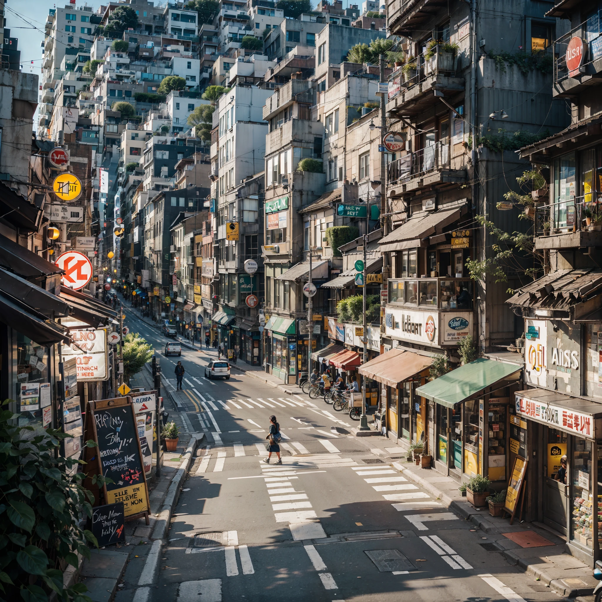 busy street,brightly colored traffic lights,striped crosswalk,A bustling cityscape, landscape, skyline,Pedestrians crossing the street,Roadside cafes,City buses and taxis,Narrow cobbled streets,Evening peak,The hustle and bustle of city life,Neon signs illuminate the streets
