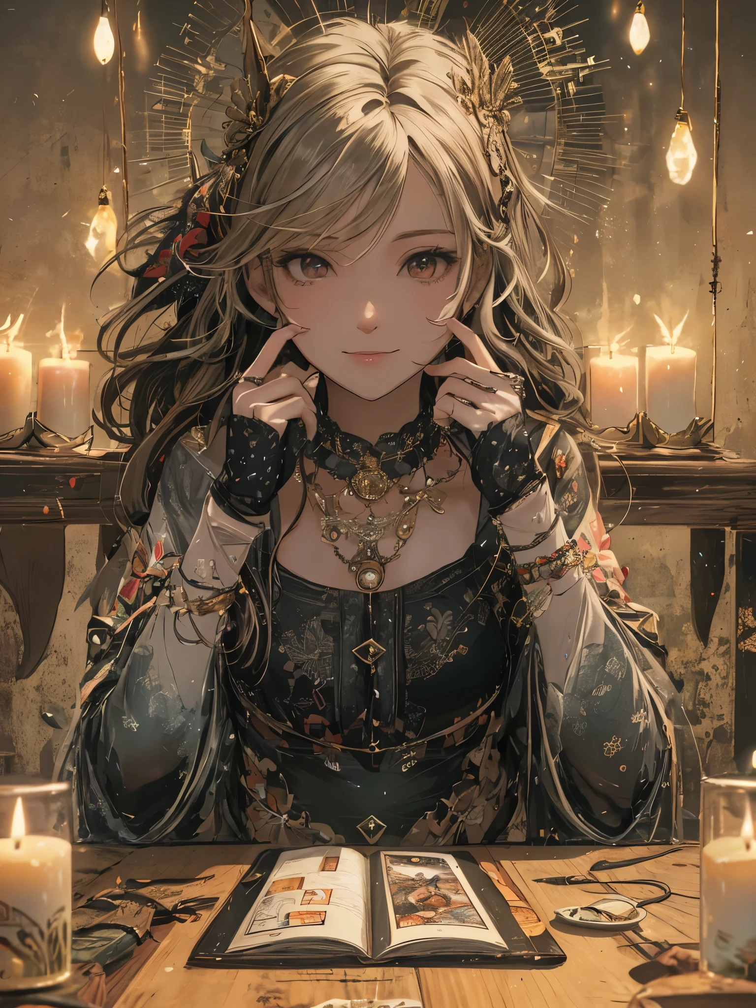 quality, masterpiece, there  nothing, 1 female, 22 years old, , Western fortune teller costume, hair accessories, necklace, jewelry, pretty face, calm smile, above_Body, Tyndall effect, lifelike, Divination room, Candles on the table, tarot cards, edge lighting, two color lights, (HD skins:1.2), 8k ultra high definition, SLR camera, soft light, high quality, Volumetric lighting, frank, photography, high resolution, 4K, 8k, Bokeh