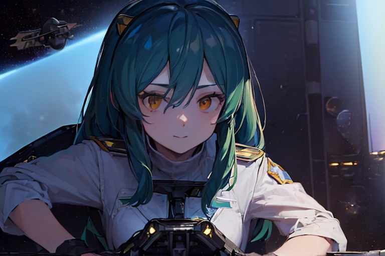 16k,(masterpiece:2),(best quality:2),(realistic),((ultra detailed)),(cinema lighting),(upper body), 2-tone green color long hair, a matured female,medium breasts,(a pilot of space fighter:2),(((((manipulating the control stick)))),((in white spacesuit)),,(smile),lum,lumlum,horns,,(((in the cockpit of a space fighter))),((((looking forward))),,(((many stars and the outer space out of the cockpit))),