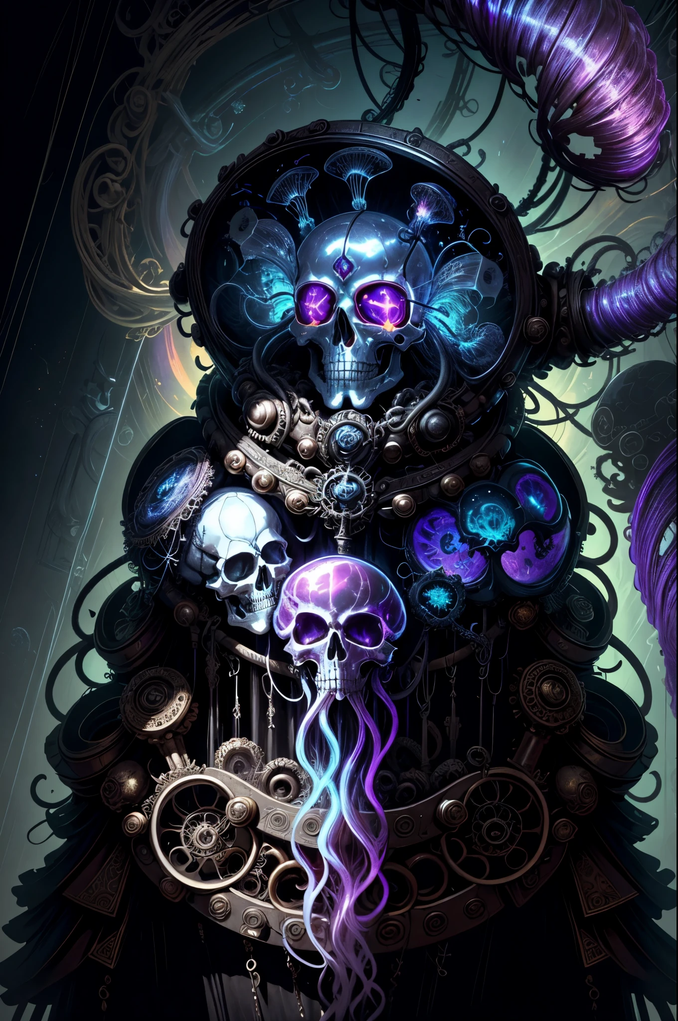 (Masterpiece, best quality :1.3), ultra-detailed, intricate, 8k, HDR, wallpaper, movie lighting, (Universe), gun, (shooting position), glow, armor, ((manic smile)), red eyes, Mecha, large wings, head close-up (metal skeleton parasitically parasized by a dreamlike transparent jellyfish), An altar of abstractly twisted jellyfish tentacles holds a very large (mysterious skull made of metal), a waterfall of transparent tentacles above the skull, (dark sunglasses, highly reflective lenses, a rainbow around the skull), and an energetic circular composition only illustrates the influence of various structural forces (steampunk decorative elements, cogs, and other elements). Pointer, chain decoration combination,