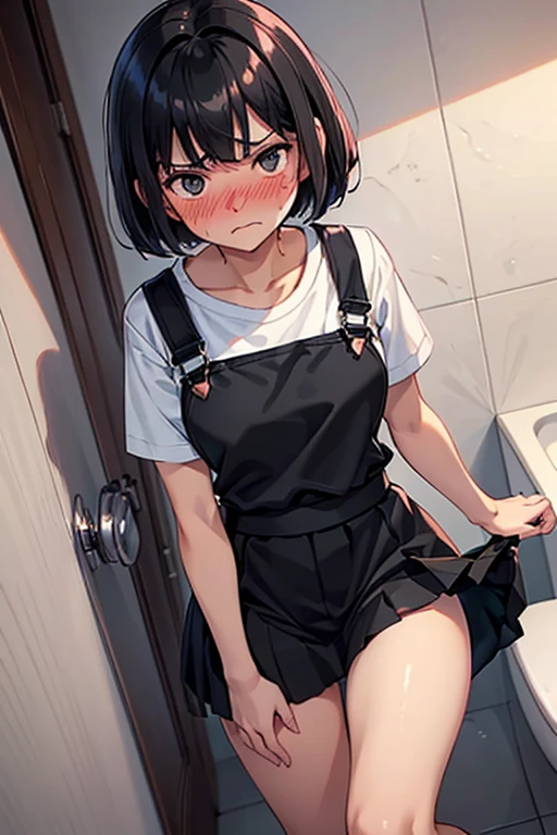 ,short hair, black hair,reddish eyes、、(black overall skirt:1.6),, ,NSFW,very detailed、masterpiece、highest quality、Ultra high decomposition energy A、8K high resolution、Clear like a photo、ultra high resolution、Gradation depiction、photorealistic、Private toilet room、Toilet in the shop、based on anthropology、girl、detailed eyes、short hair、(upward glance),、(wear white Tshirt:1.2)、, ,, ,、,,,, (frown:1.2),(angry:0.9),contemptuous,disdain,(hate:1.3),,elegant,active angle,dynamism pose,, (embarrassed,nose blush:1.5), , 、, (touching face with one hand:1.2),,　white Tshirt ,