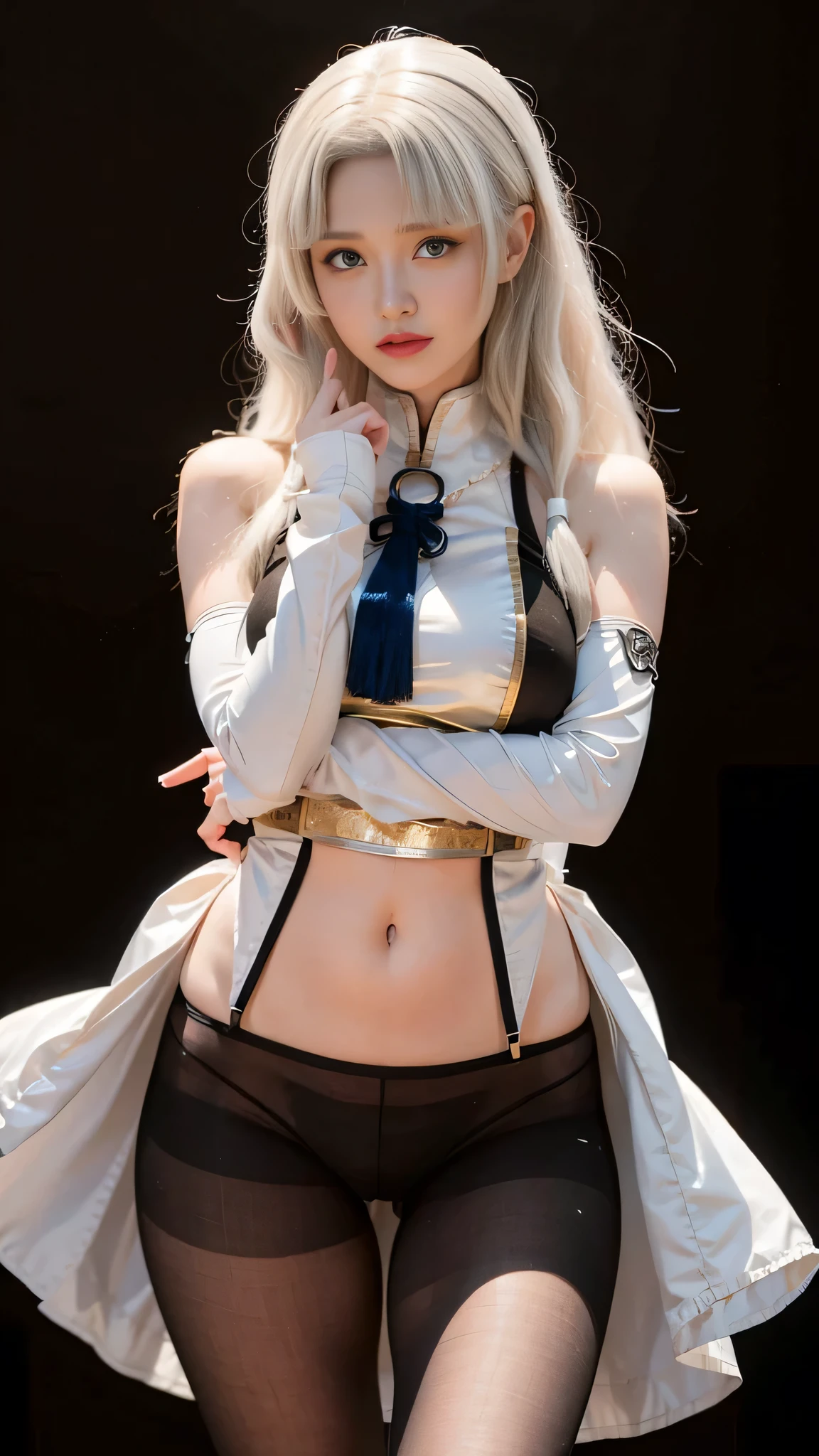 (masterpiece:1.2), best quality, high resolution, The original, Extremely detailed wallpaper, perfect lighting, (Very detailed cg:1.2),((Bare crotch:1.2)),no underwear,((transparent clothes:1.2)),Half body photo,There no cup here,lifelike,((camel toe:1.5)),8k,perfect work of art,Ultra-detailed rendering,最high quality的,high resolution,Details maniac,lifelike eyes,HD,high quality,delicate face,Detailed body limbs,1 girl,alone,Sleeveless clothes,sleeveless topishnet clothes, dark lips, emphasize, Huge bra, slim, flesh color, transparent clothes, tights, Crotchless pants,