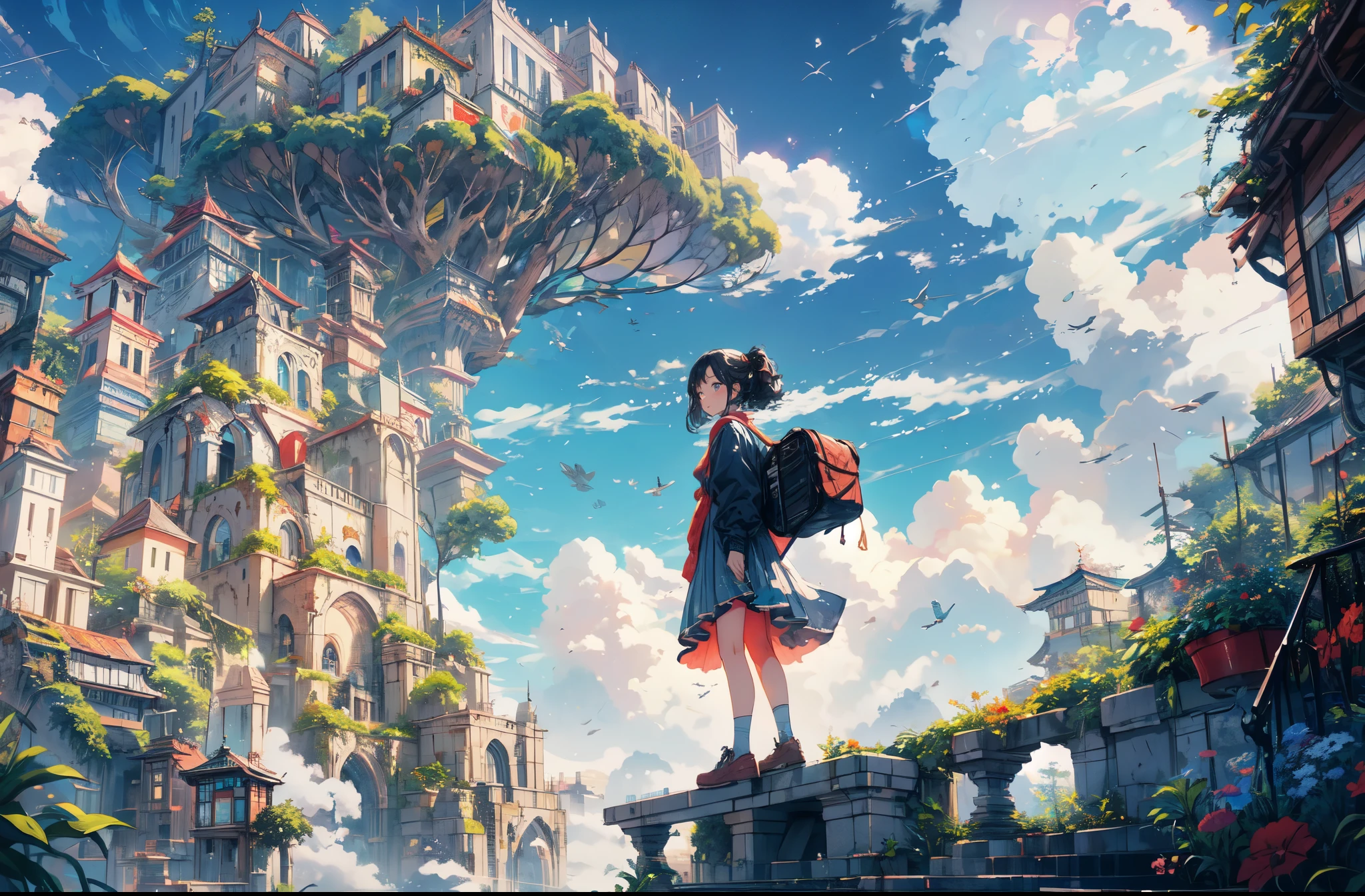 octane render,8K resolution concept art, realism,by Mappa studios,masterpiece,best quality,official art,illustration,ligne claire,(cool_color),perfect composition,absurdres, fantasy,focused,(in the air),(above the cloud:1.4),(finely detailed ancient lost_city:1.3),(lost_city towering above the clouds:1.2),epic,(focus_girl:1.5),(girl in city peak of Broken bridge), sitting on the verge of that bridge looking at the far horizons,rule of thirds,anime_face,fine-tuning face, detailed eyes,cute face,black hair, finely detailed fantasy traveler clothes,calm expression ,overhead_viewer,wind blow at viewer,fantastic plant,book,(Giant World Tree),motion,(depth_of_field), extension image, front view , dreamy colorful cloud