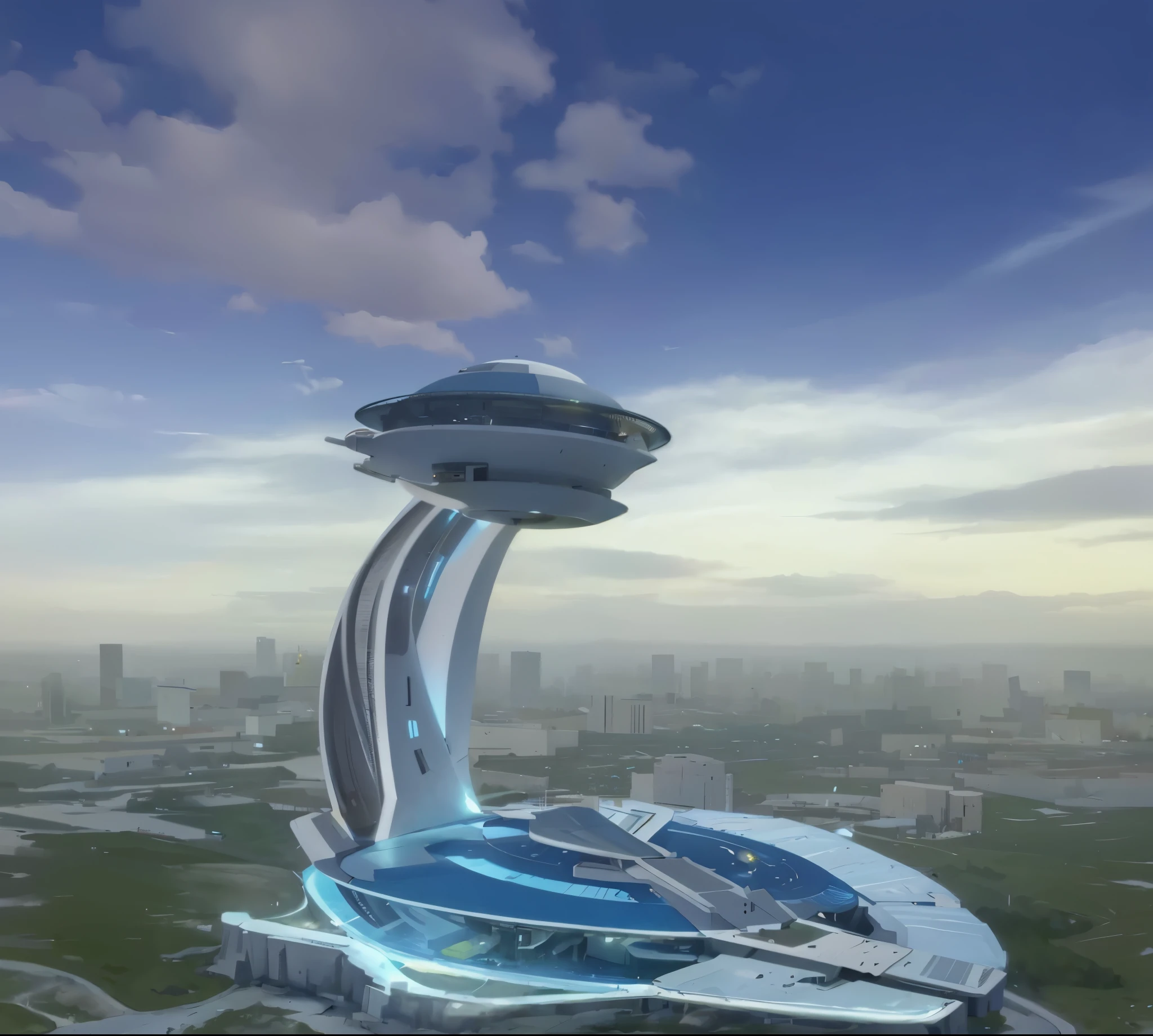 Sci-fi architecture small aerial view spaceship theme building shape like spaceship HD 4k high resolution