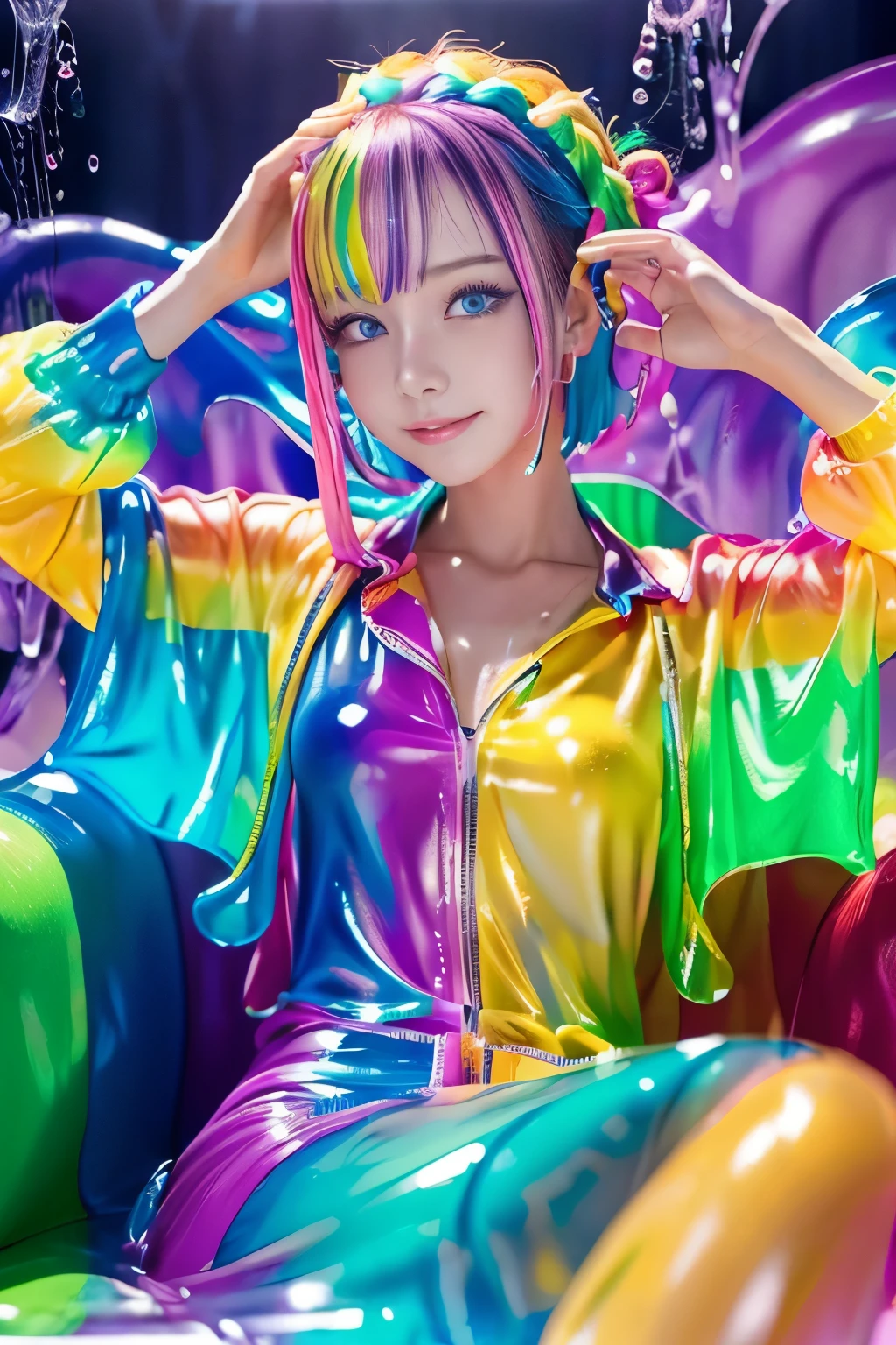 (hight resolution,masutepiece:1.2),Ultra-detailed,(Realistic:1.37),from below, sitting, Chair, Slime Girl,covered in ,vivid colors slime, (partially transparent), (Wet with water), (,vivid colors sweat), Slimy ,vivid colors liquid dripping from her body. Her hair is also covered in ,vivid colors slime. ,vivid colors slime scatters, ,vivid colors hair, blue eyes