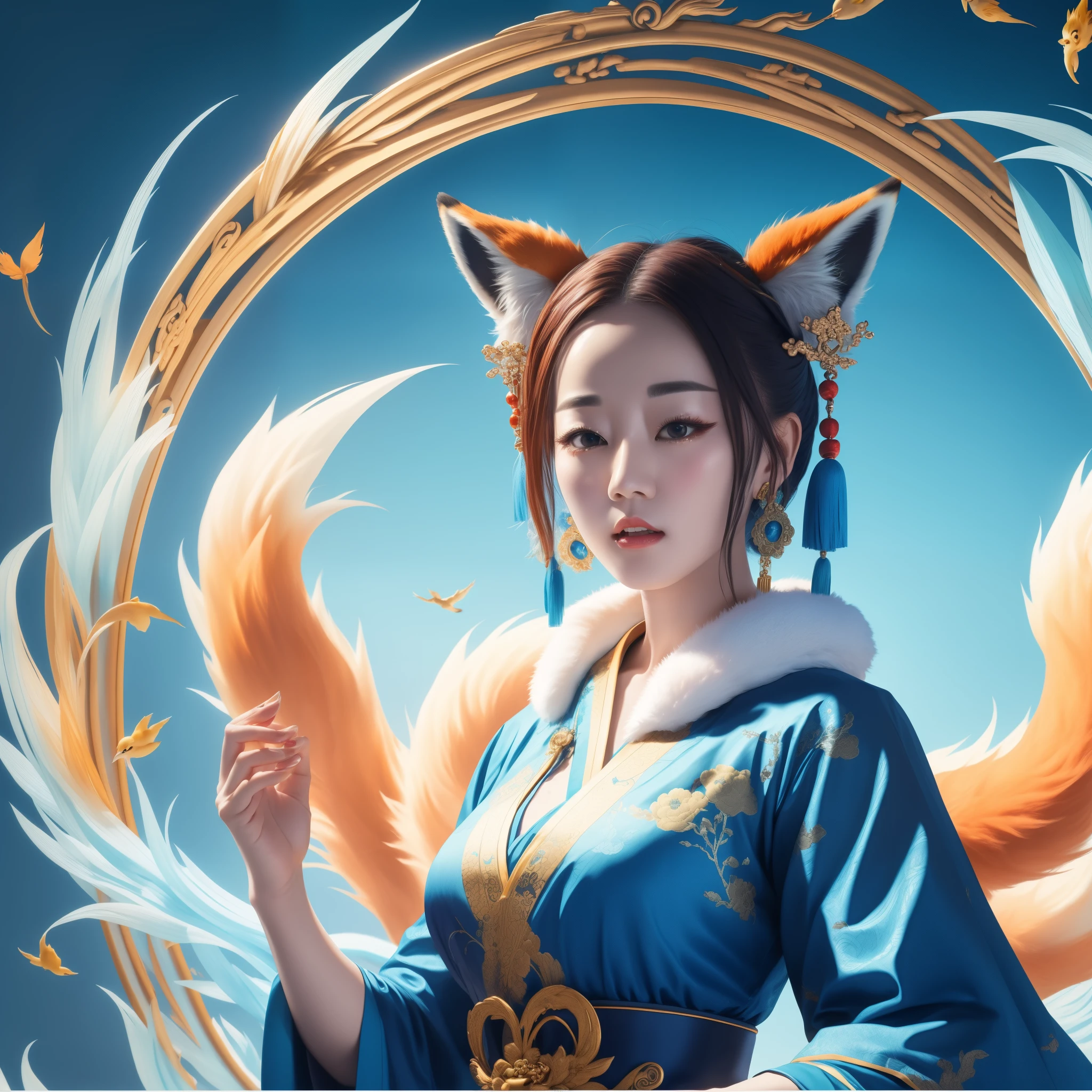 (best quality,4k,8k,highres,masterpiece:1.2),ultra-detailed, Chinese fox spirit Su Daji, blue traditional Chinese dress, HDR, 8k, absurdres, cinestill 800, sharp focus