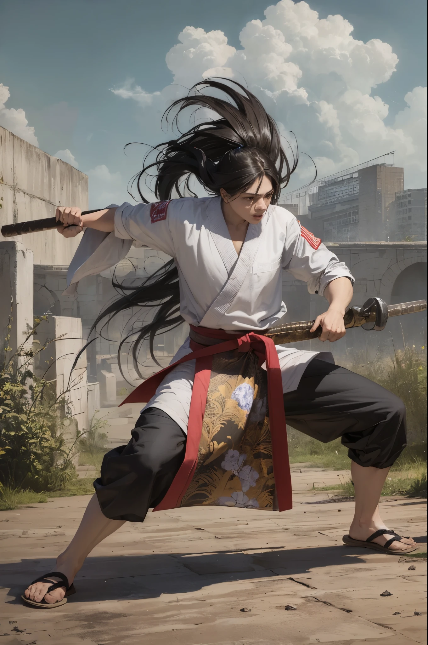 there was a Javanese village,man , standing on the ground, 19 years old, black long hair,all white in silat clothes, wearing a white headband, white belt, holding a short axe, two hammers, long black hair, silat master, full body wuxia, doing silat movements, behind him was , dusty, martial arts fighting performed by several people , highly detailed, high hd, 8k, vibrant --auto --s2