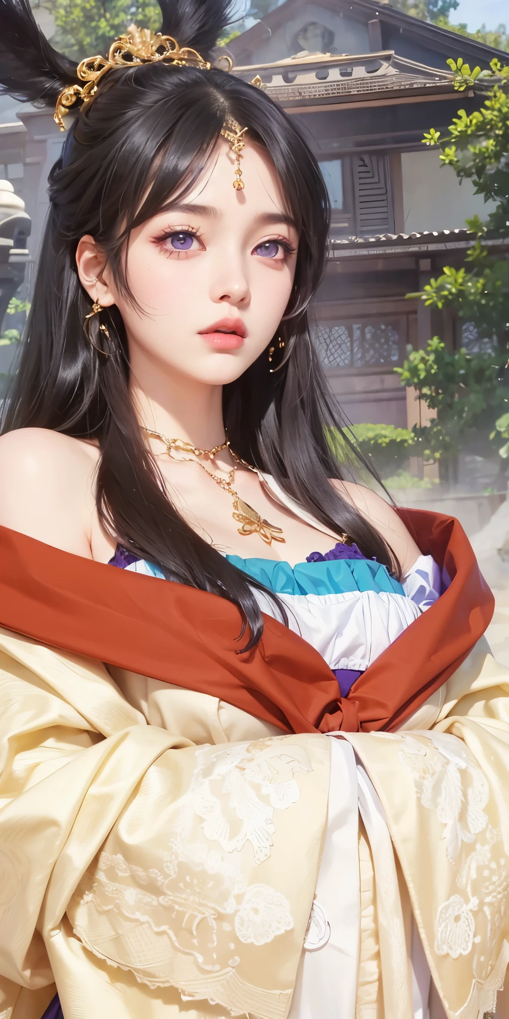 1girl, black hair, purple eyes, high quality, ultra detailed, masterpiece, realistic,clothes