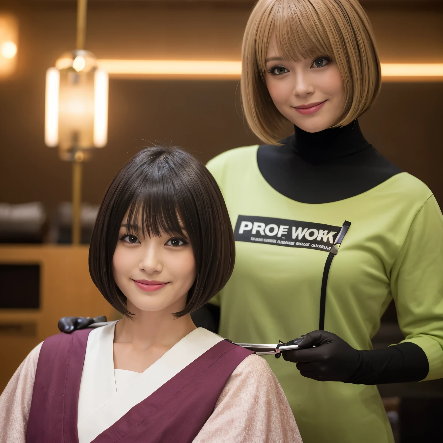 Around 40,000 people getting their hair cut by a woman at a salon, princess cut, with short hair, Hair dyeing, redahair and attractive features, Long, with a bob cut, black and, Immortal cliff, Cut style, 白princess cutの髪型, Hair Works, by Nishida Shun'ei, method, illustrative!!