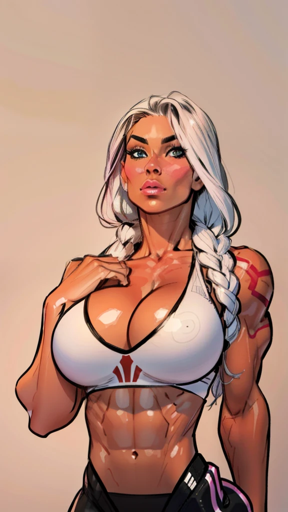 a drawing of a female barbarian, (pink skintone:0.9), muscular body, feminine, huge upper body, wide shoulders, veins, beautiful face, full lips, slim face, high cheekbones, muscular, in style of peter mohrbacher, large breasts:1.7, huge breasts, full body view, whole body, normal hair, gym background
