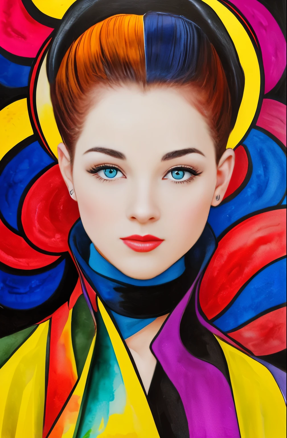 A painting of a woman with a red and yellow face, Sylvia Pelissero watercolors, tumbler, abstract art, Intense watercolor painting, watercolor detailed art, watercolor splash, surreal, Avant-garde pop art, Beautiful and expressive painting, Beautiful artwork illustration, very colorful tones, Fantastic, cool beauty, highest quality,official art, women only, sharp outline, best shot, vector art