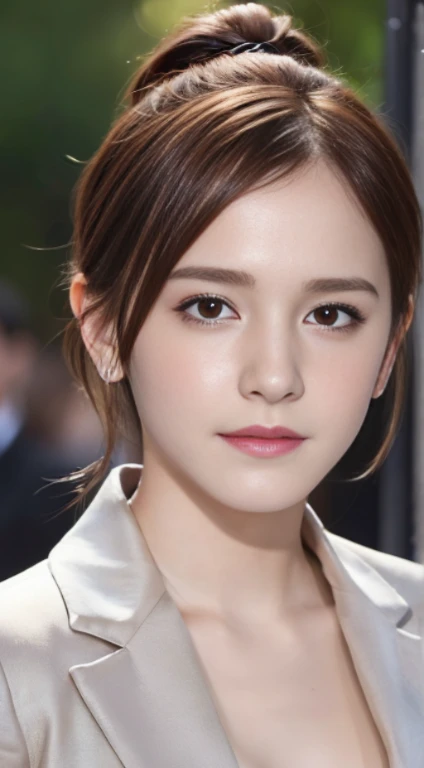 (surreal), (High resolution), (8K), (very detailed), (beautiful and fine eyes), (highest quality), (super detailed), (masterpiece), (detailed face), face of emma watson、ponytail、big breasts、suit figure