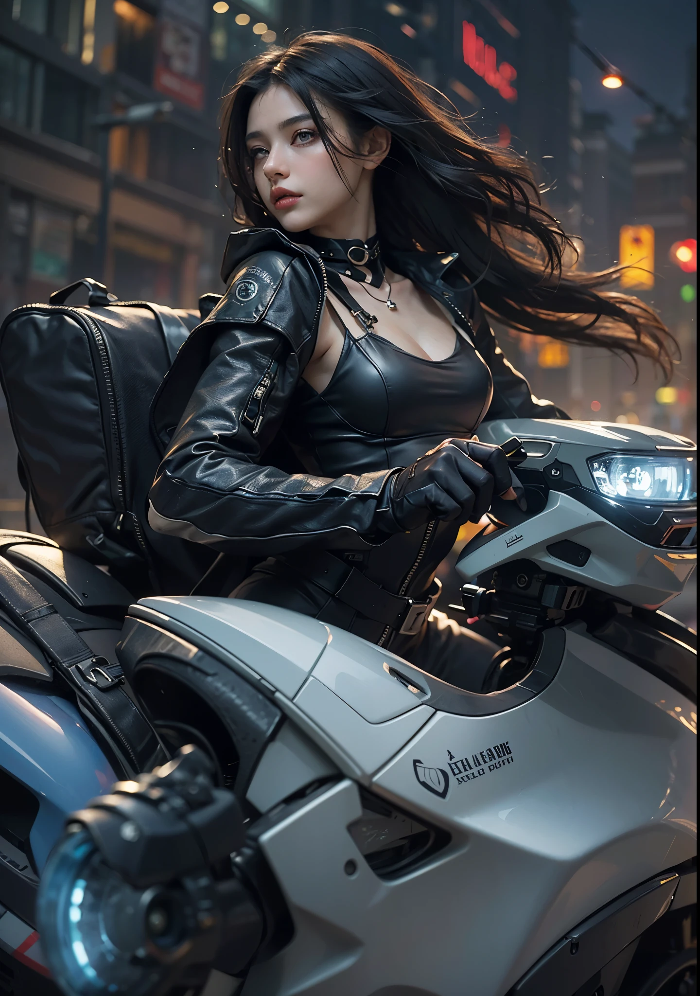 Huntress riding a high-tech motorcycle, Shoot high-tech artillery, Sparks from the gun, (1 female, brown eyes, white skin, Twin-tailed black hair, choker, small breasts, skinny, lip whole, compensate, eyeliner, Russia), Wearing black one-piece leather armor, Long leather gloves, long Leather boots, In a cyberpunk town at night, (cyberpunk theme), (masterpiece, highest quality, 8K, sharp focus, Depth of bounds written, best shadows, perfect light, HDR, realistic skin texture, Ultra-detailed and detailed background), wide shot