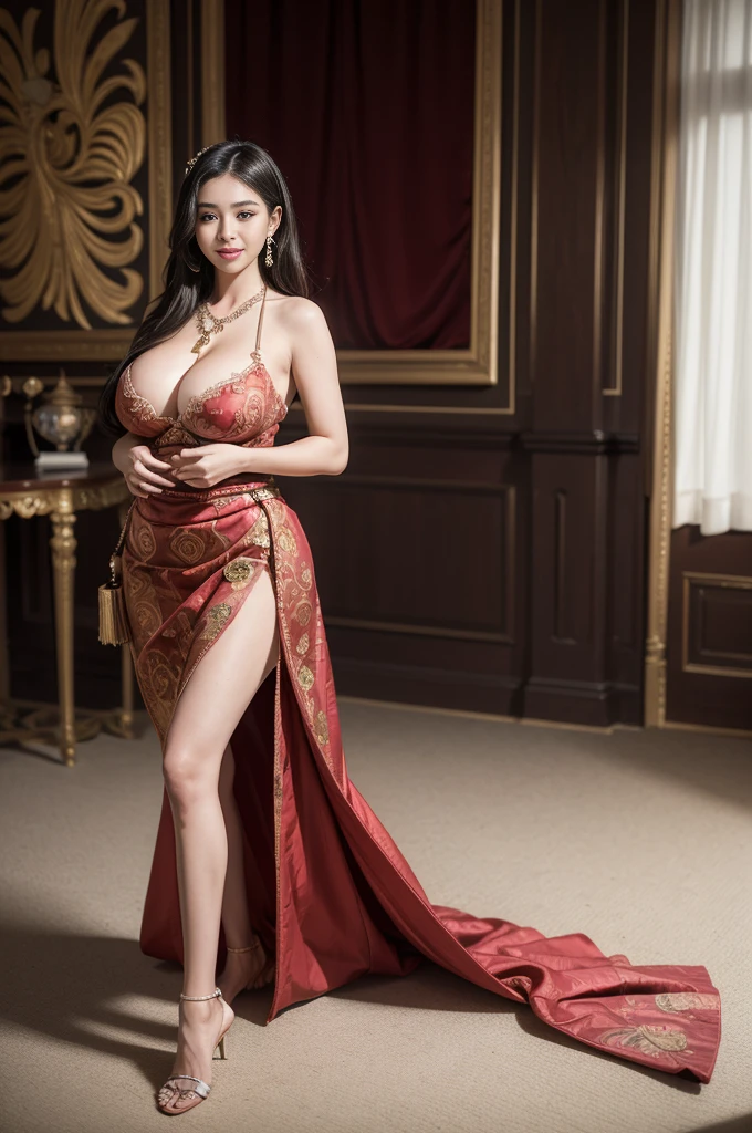 (realistic:1.3), Crazy details, quality, (Create a masterpiece:1.2), (ภาพrealistic:1.2), (qualityที่ดีที่สุด), (detailed skin:1.3), (complicated details), Ray tracing, ((full body picture)), ((1 woman)), (((1 person))), 18-20 years old, long hair, smile, red dress, patterned skirt, Contrast color between dress and skirt, skirt pattern, earring, necklace, Javanese jewelry, ((big breasts, beautiful breast, Breast augmentation, Plump breasts)), ((slim body)), (blurred background, long legs)