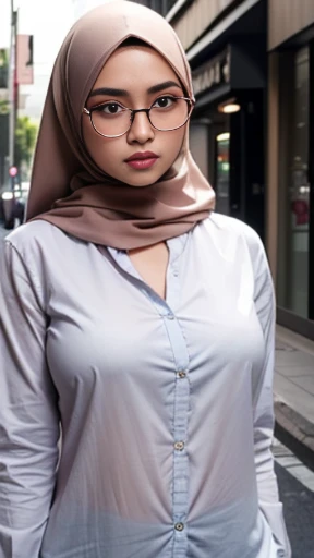 (Best quality, high resolution, masterpiece: 1.3), a beautiful malay woman in hijab, big breasts, slim figure, open V neck, beautifully presented details in the street and facial and skin texture, detailed eyes, double eyelids, big eyeschest visible, ((shirt open)), wearing glasses