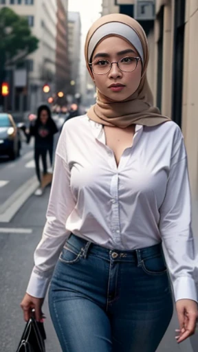 (Best quality, high resolution, masterpiece: 1.3), a beautiful malay woman in hijab, big breasts, slim figure, open V neck, beautifully presented details in the street and facial and skin texture, detailed eyes, double eyelids, big eyeschest visible, ((shirt open)), wearing glasses